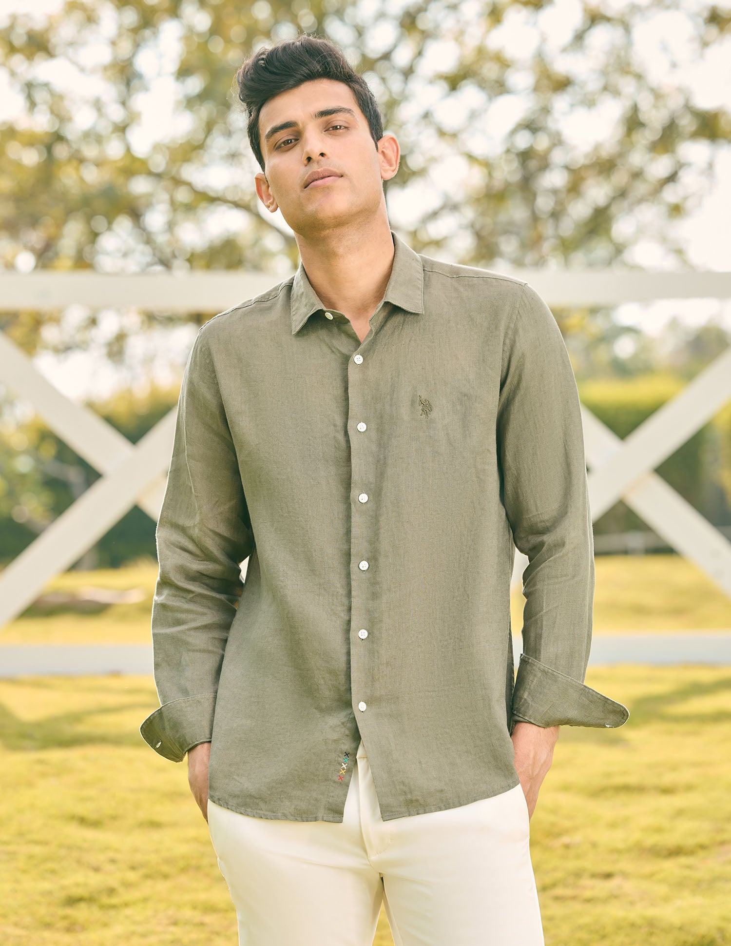 Pacho X Tailored Fit Pure Linen Shirt Olive - U.S. Polo Assn. India | Large