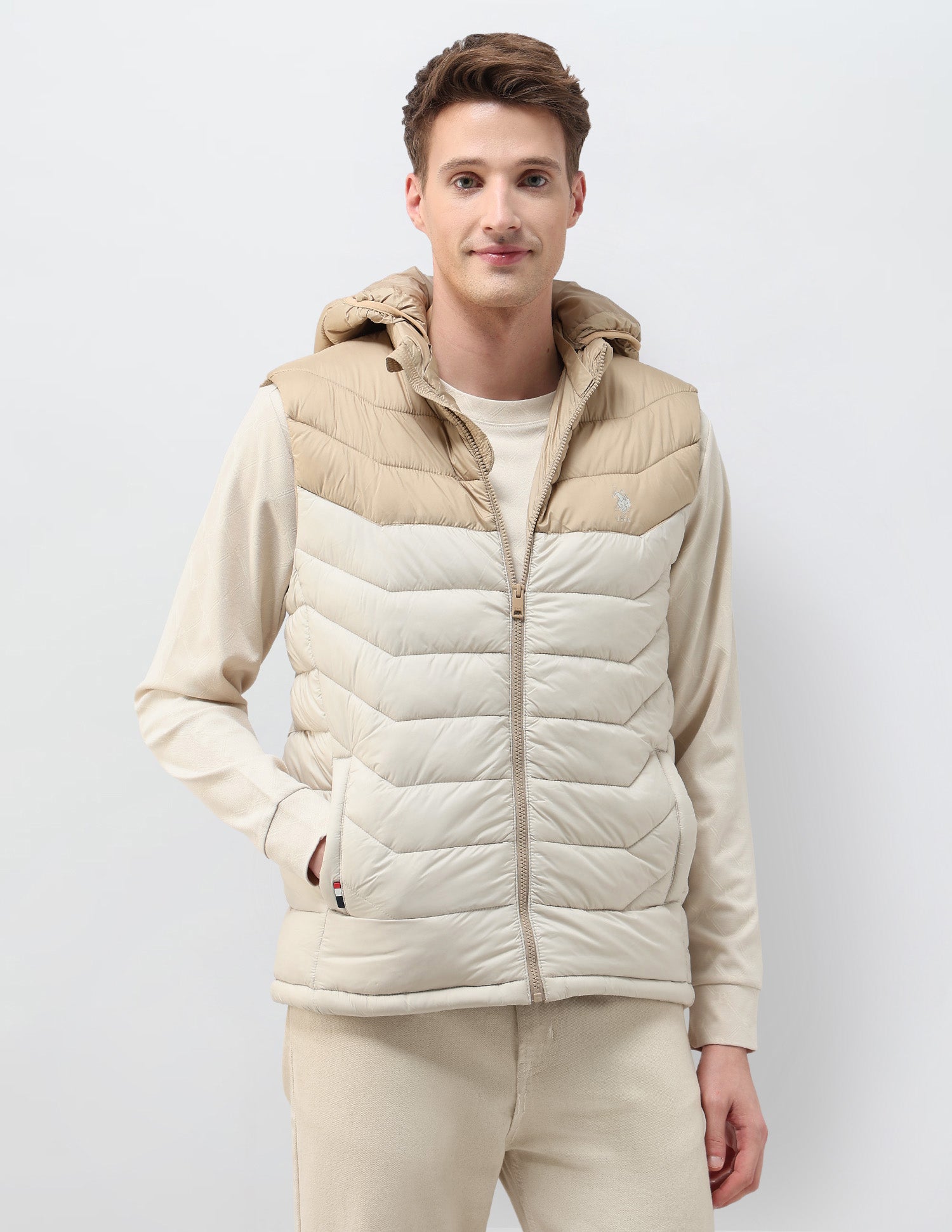 Colour Blocked Removable Hood Puffer Jacket Ecru - U.S. POLO ASSN. | Large