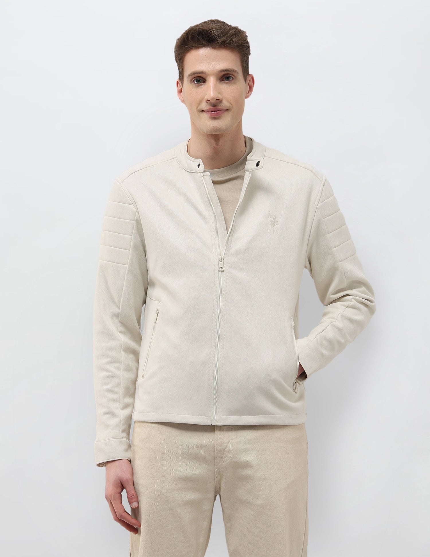 Solid Regular Fit Biker Jacket Ivory - U.S. Polo Assn. India | Large