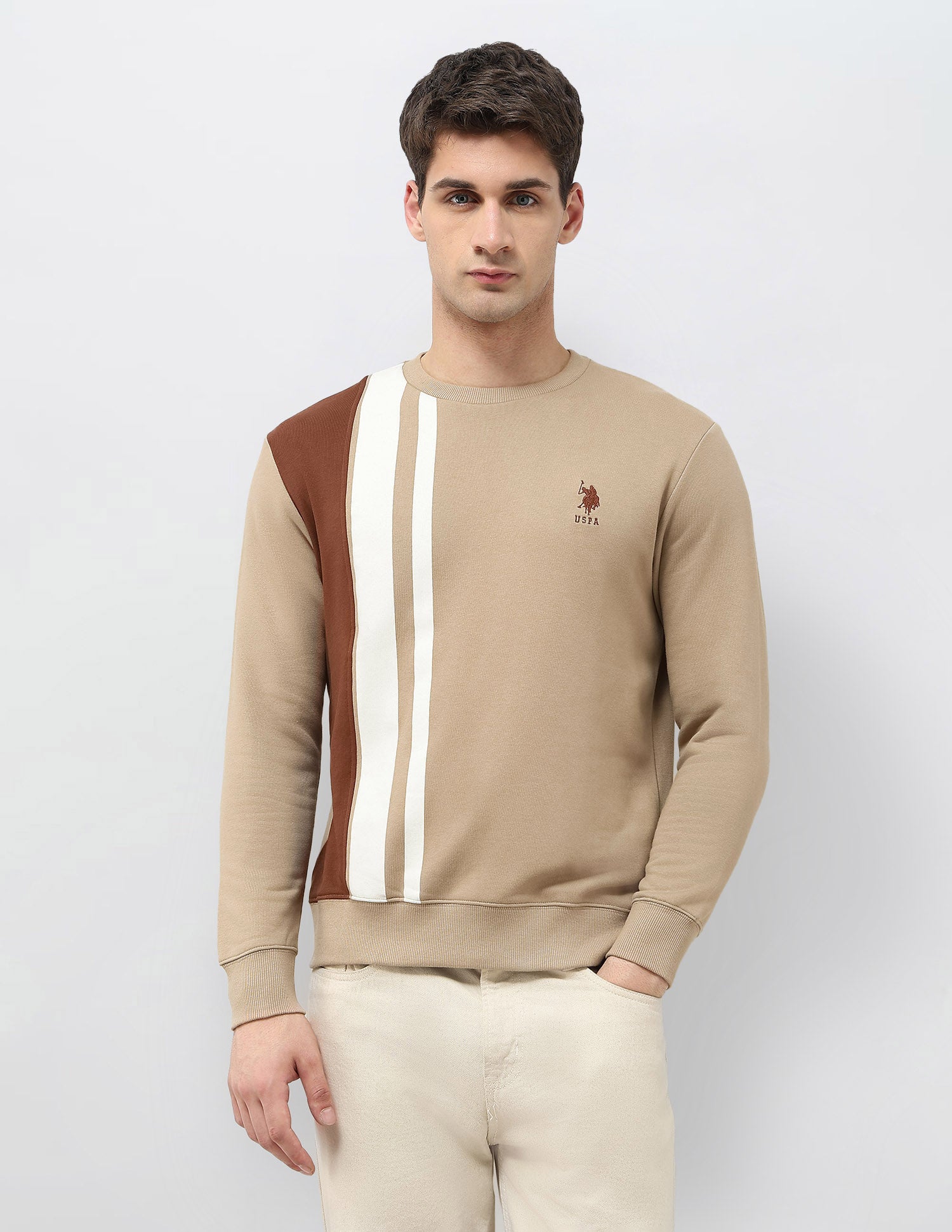 Colorblocked Regular Fit Sweatshirt Light Brown - U.S. POLO ASSN. | Large