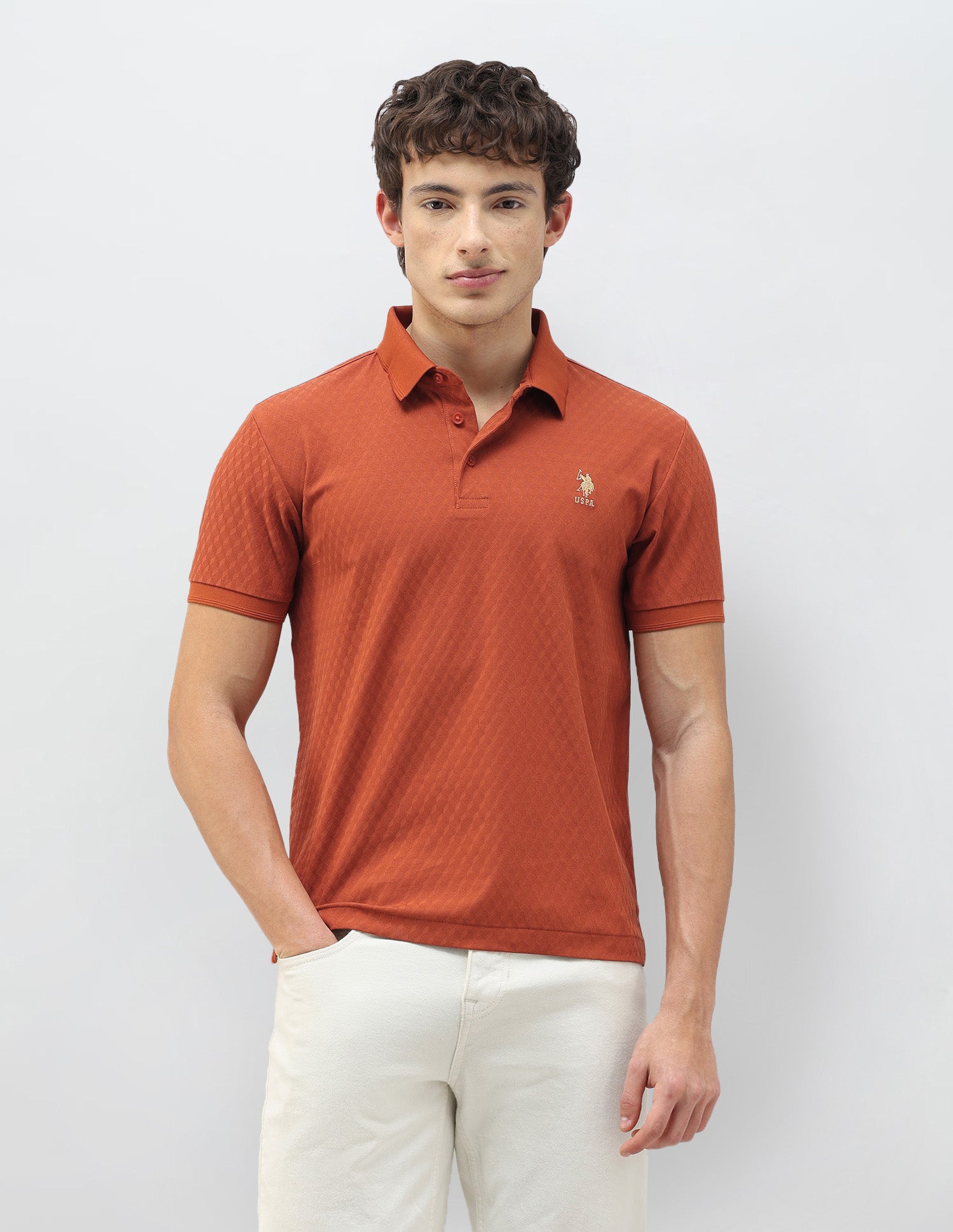 Geometric Patterned Knit Slim Fit Polo Shirt Rust - U.S. Polo Assn. India | Large