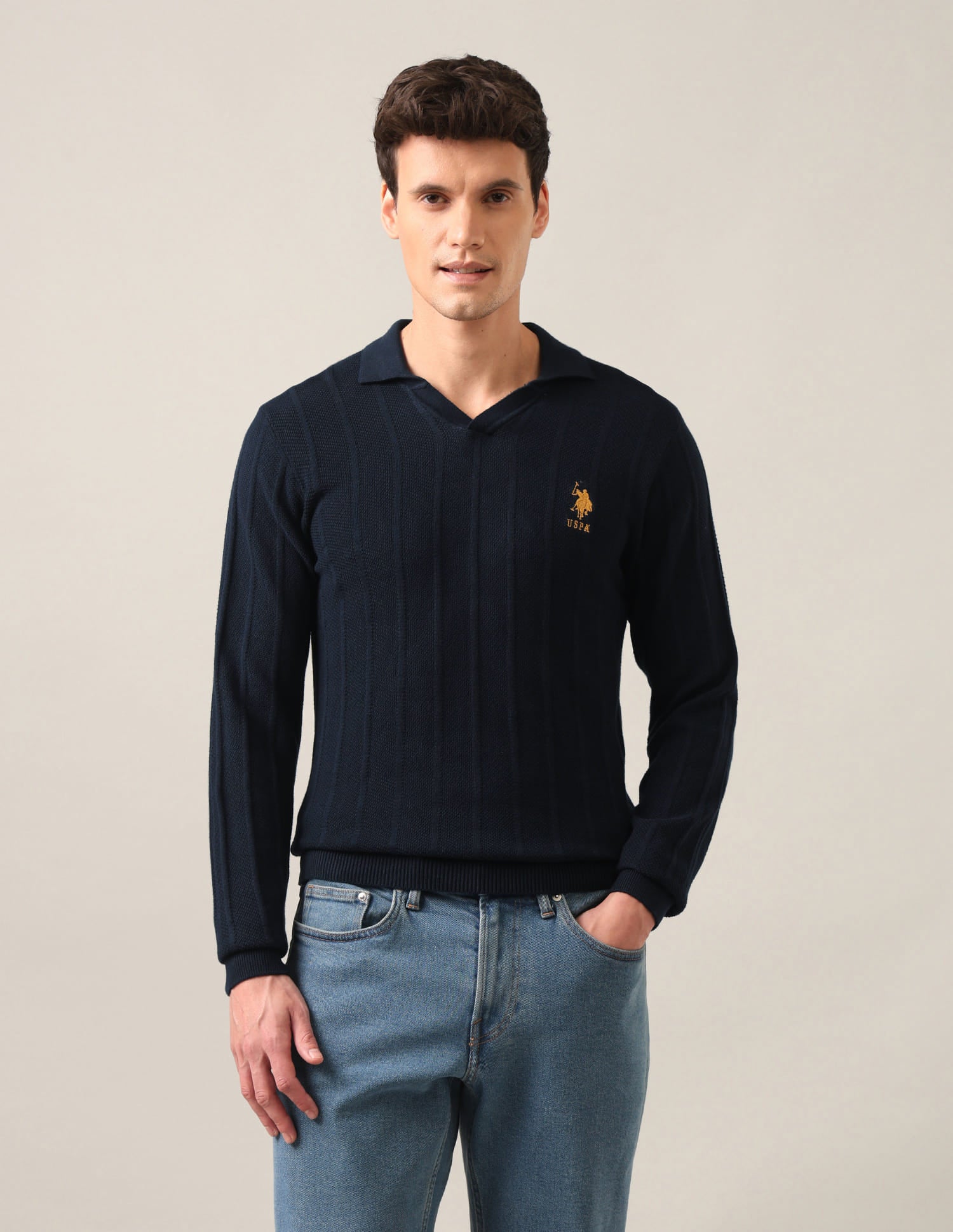 Polo Neck Textured Sweater Blue - U.S. Polo Assn. India | Large