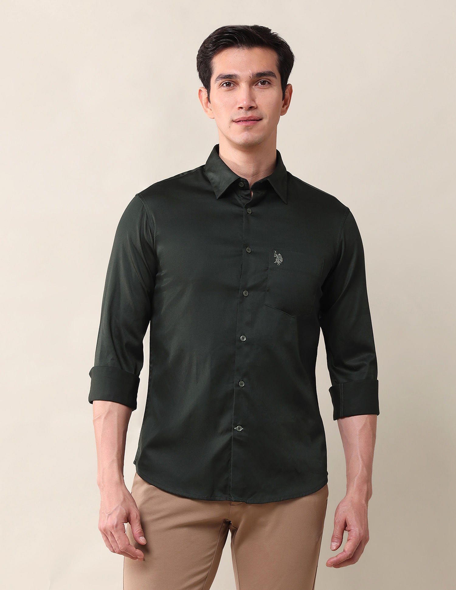 Tailored Fit Twill Solid Shirt Dk Olive - U.S. Polo Assn. India | Large