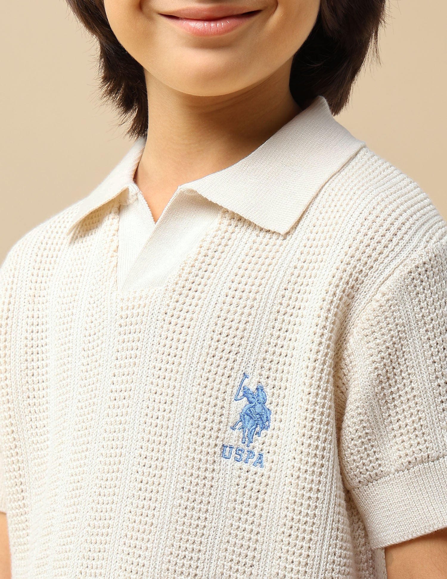 Boys Textured Regular Fit Polo Shirt Off White - U.S. POLO ASSN. | Large
