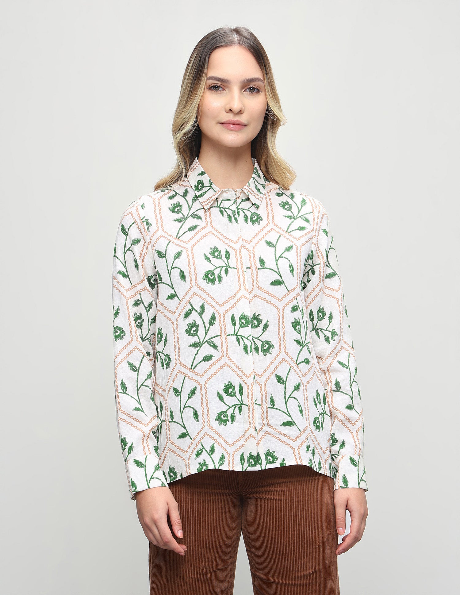 Floral Embroidered Regular Fit Shirt Off White - U.S. Polo Assn. India | Large
