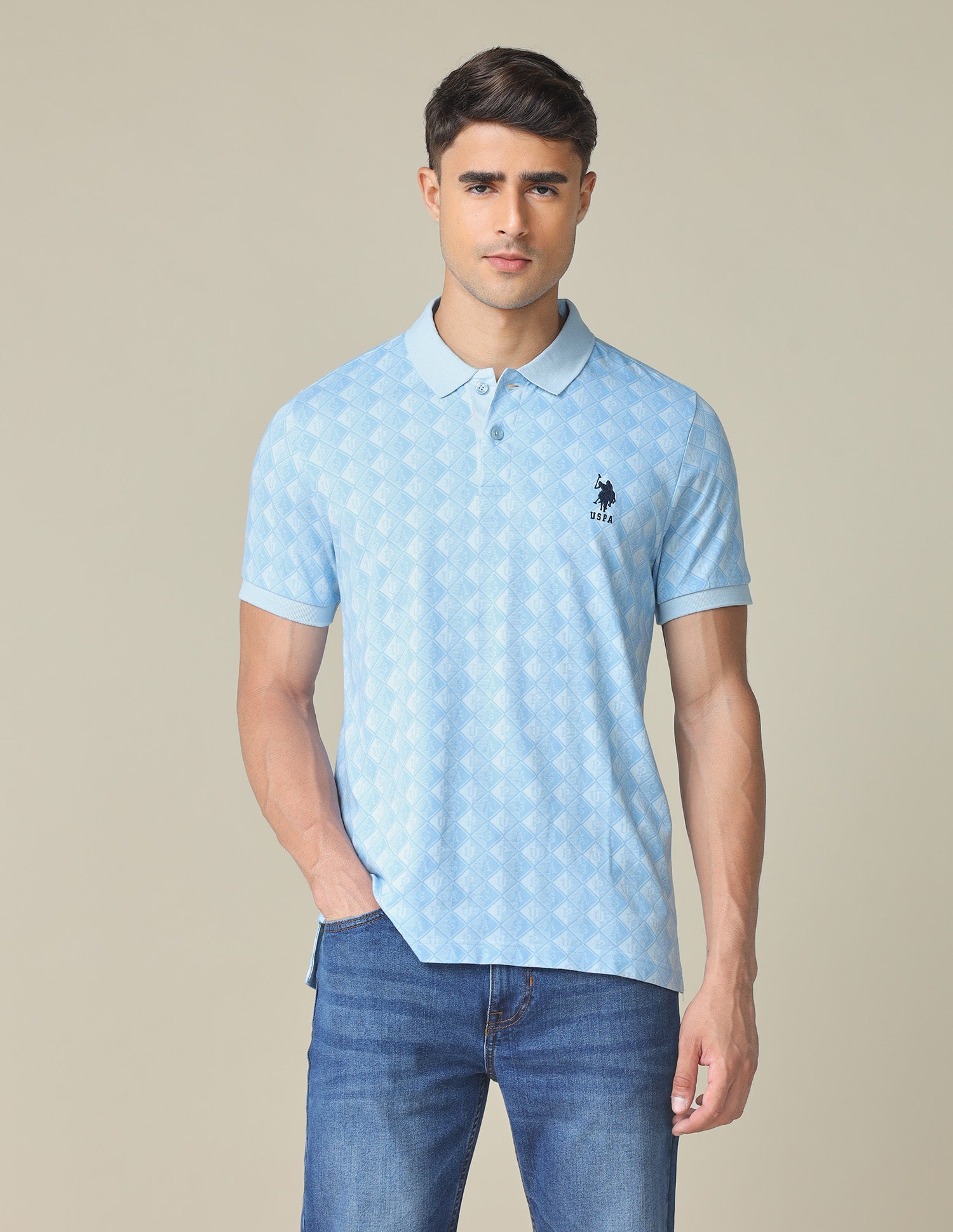All-Over Printed Regular Fit Polo Shirt Light Blue - U.S. POLO ASSN. | Large