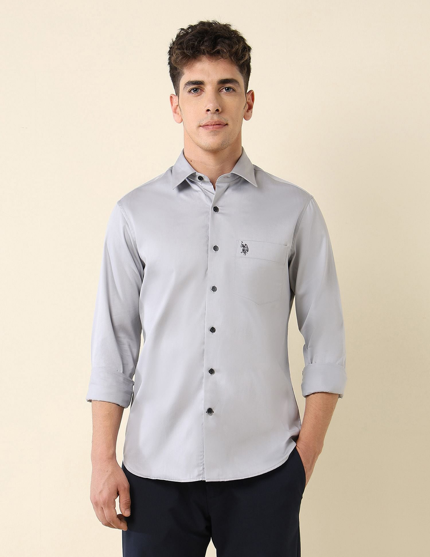 Tailored Fit Satin Shirt Light Grey - U.S. Polo Assn. India | Large