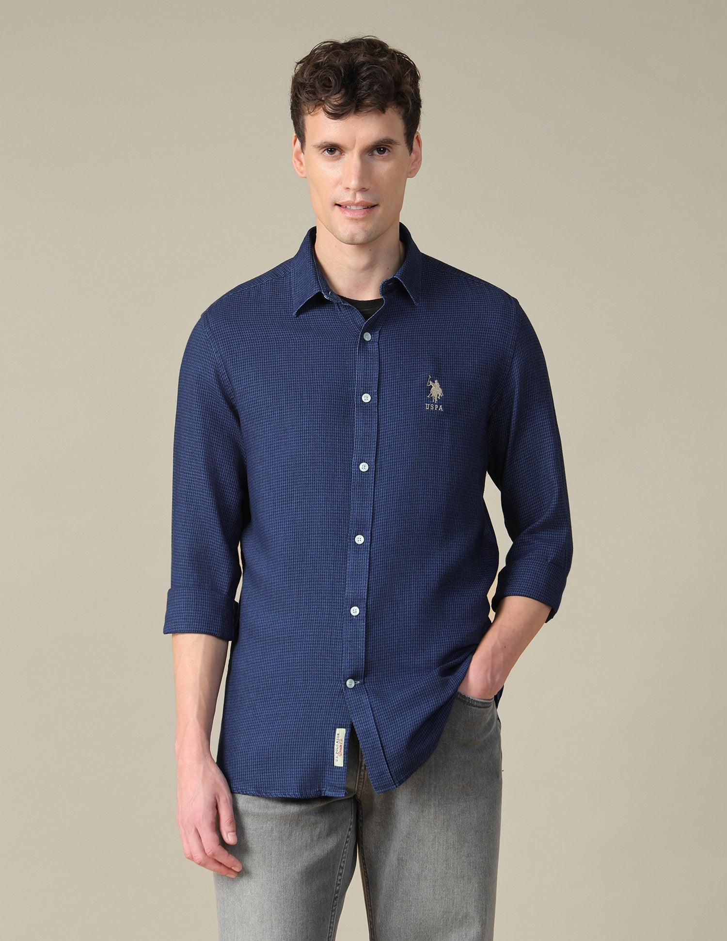 Self Design Houndstooth Twill Shirt Indigo - U.S. Polo Assn. India | Large