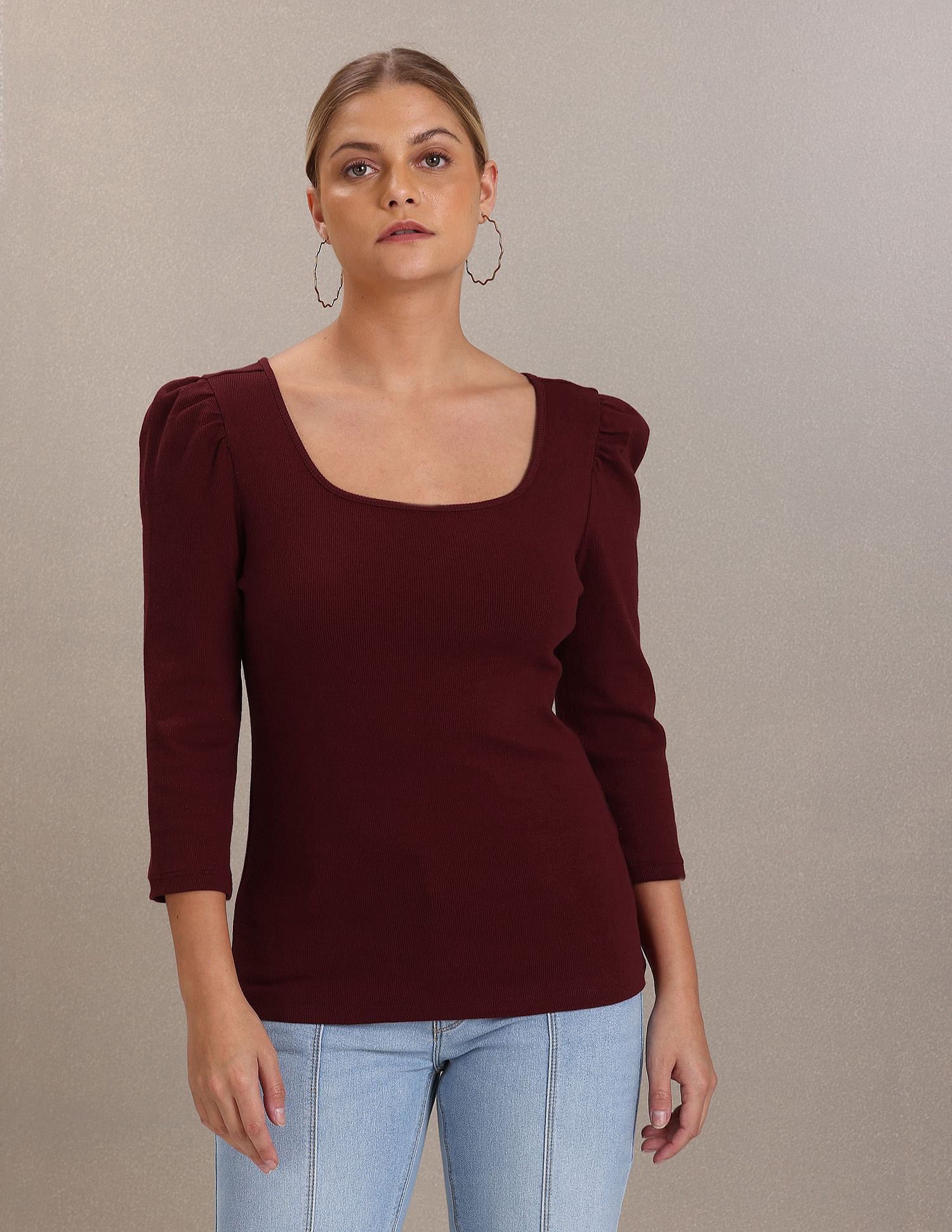 Square Neck Solid Knit Top Maroon - U.S. Polo Assn. India | Large