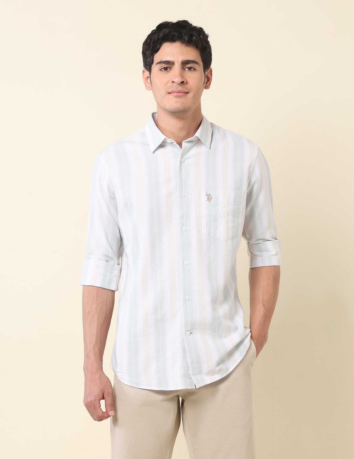 Vertical Striped Twill Shirt Light Green - U.S. Polo Assn. India | Large