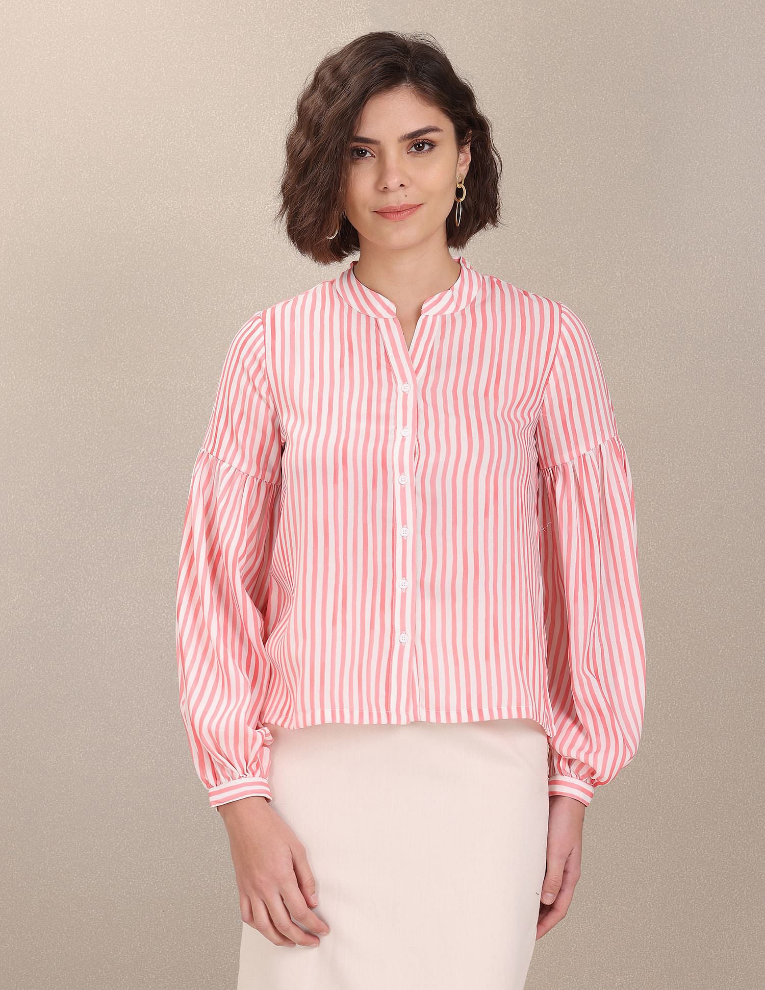 Mandarin Collar Vertical Striped Evening Top White and Pink - U.S. POLO ASSN. | Large