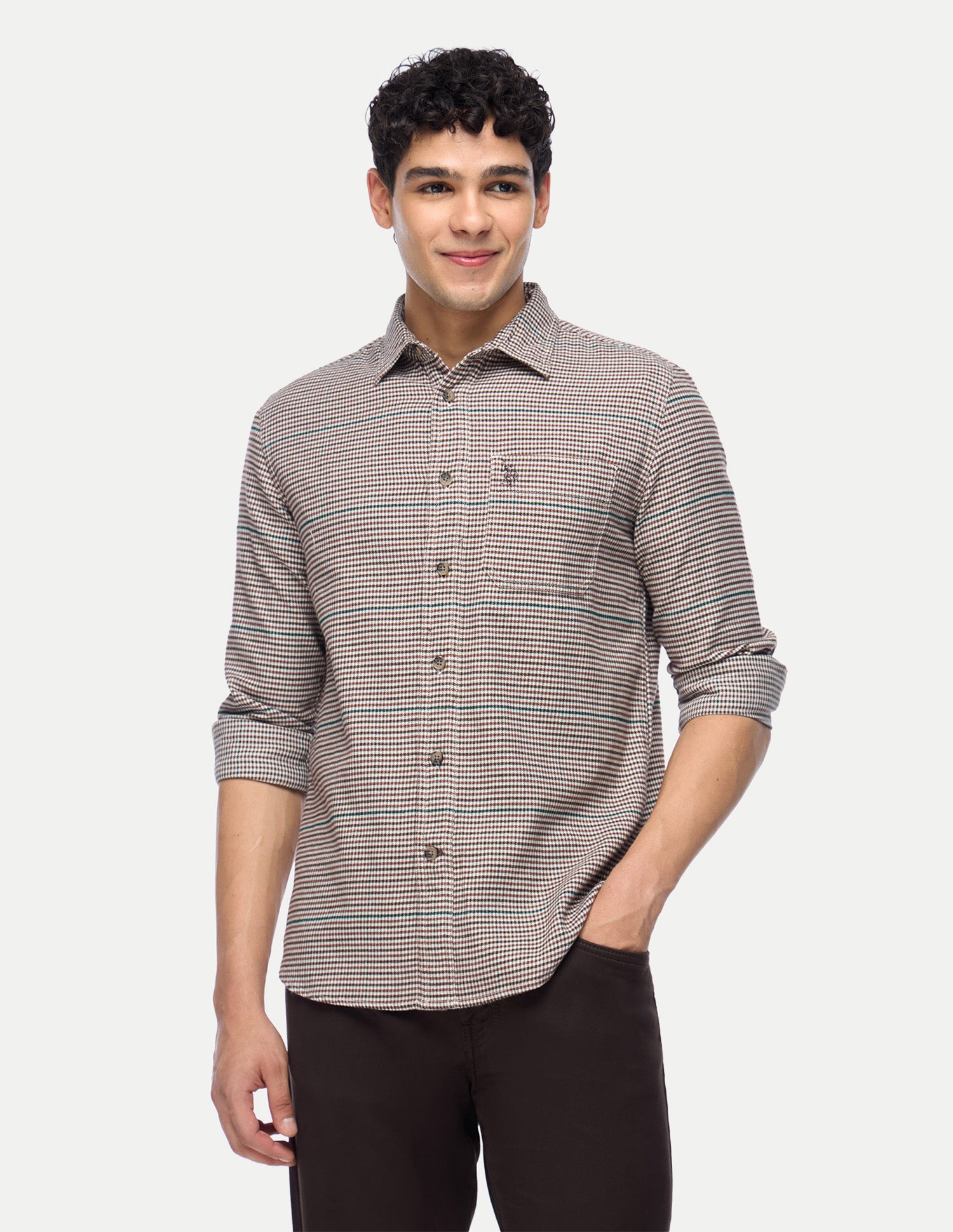 Houndstooth Printed Twill Shirt Brown - U.S. Polo Assn. India | Large