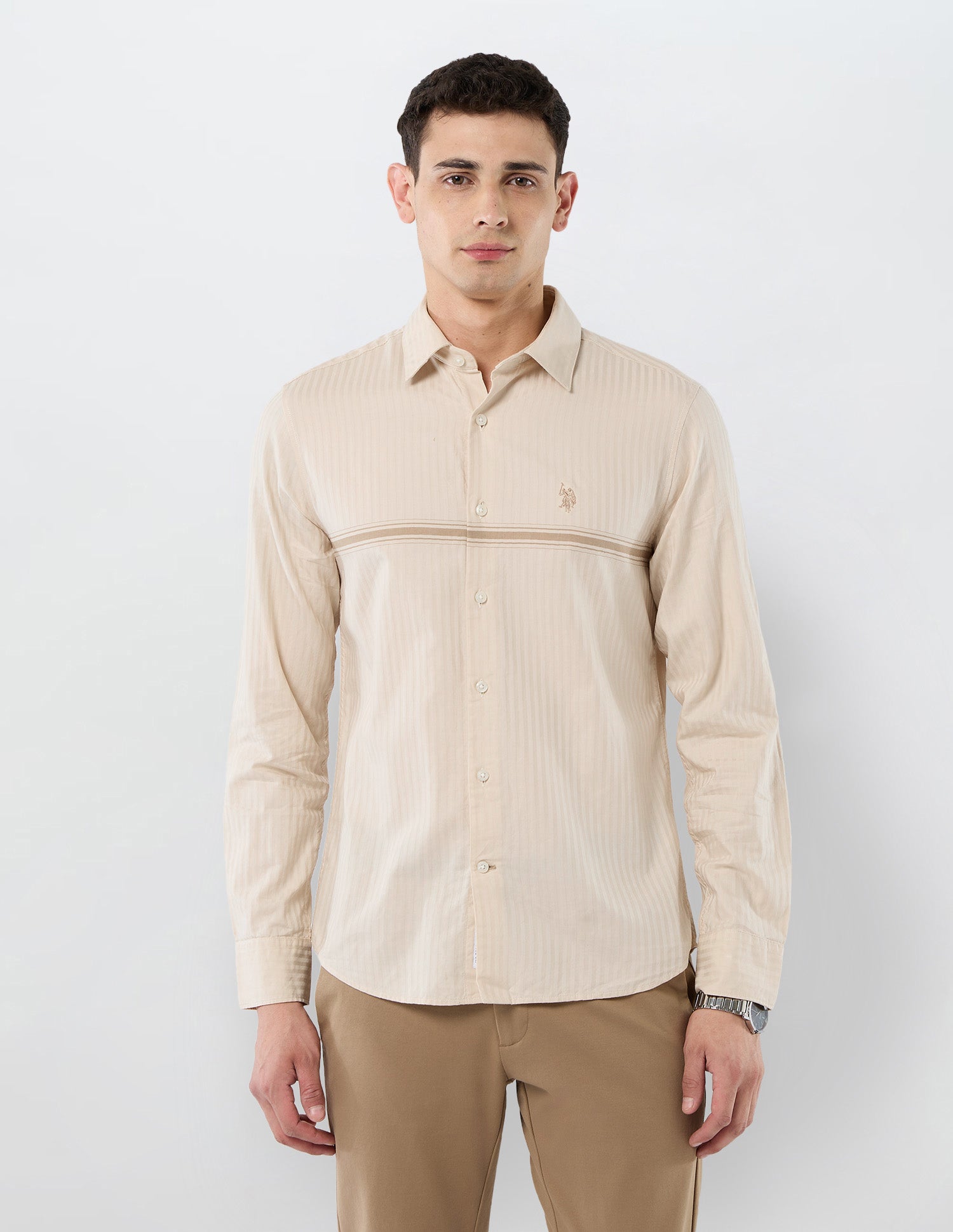 Tailored Fit Vertical Striped Shirt Beige - U.S. POLO ASSN. | Large