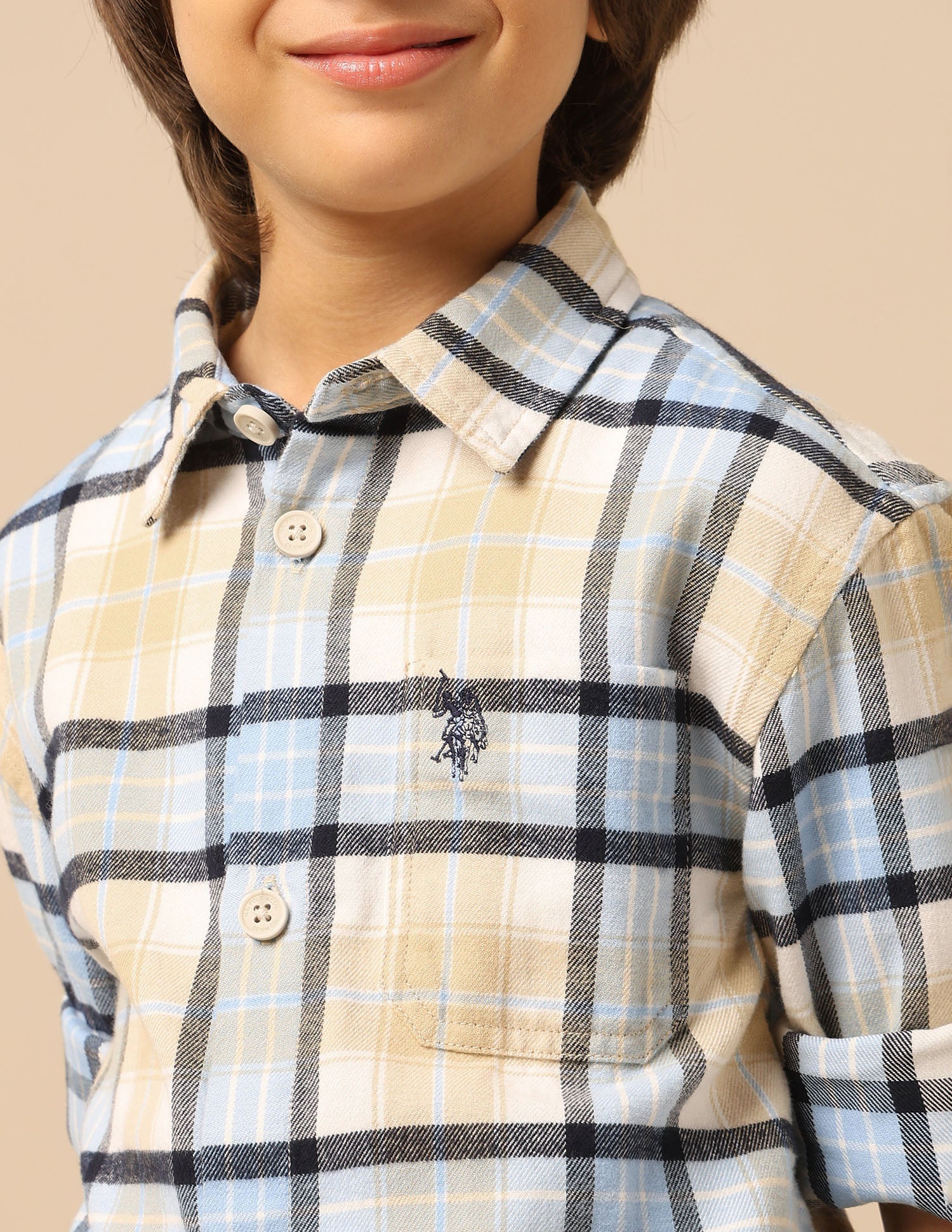 Boys Plaid Checked Twill Shirt Beige - U.S. POLO ASSN. | Large