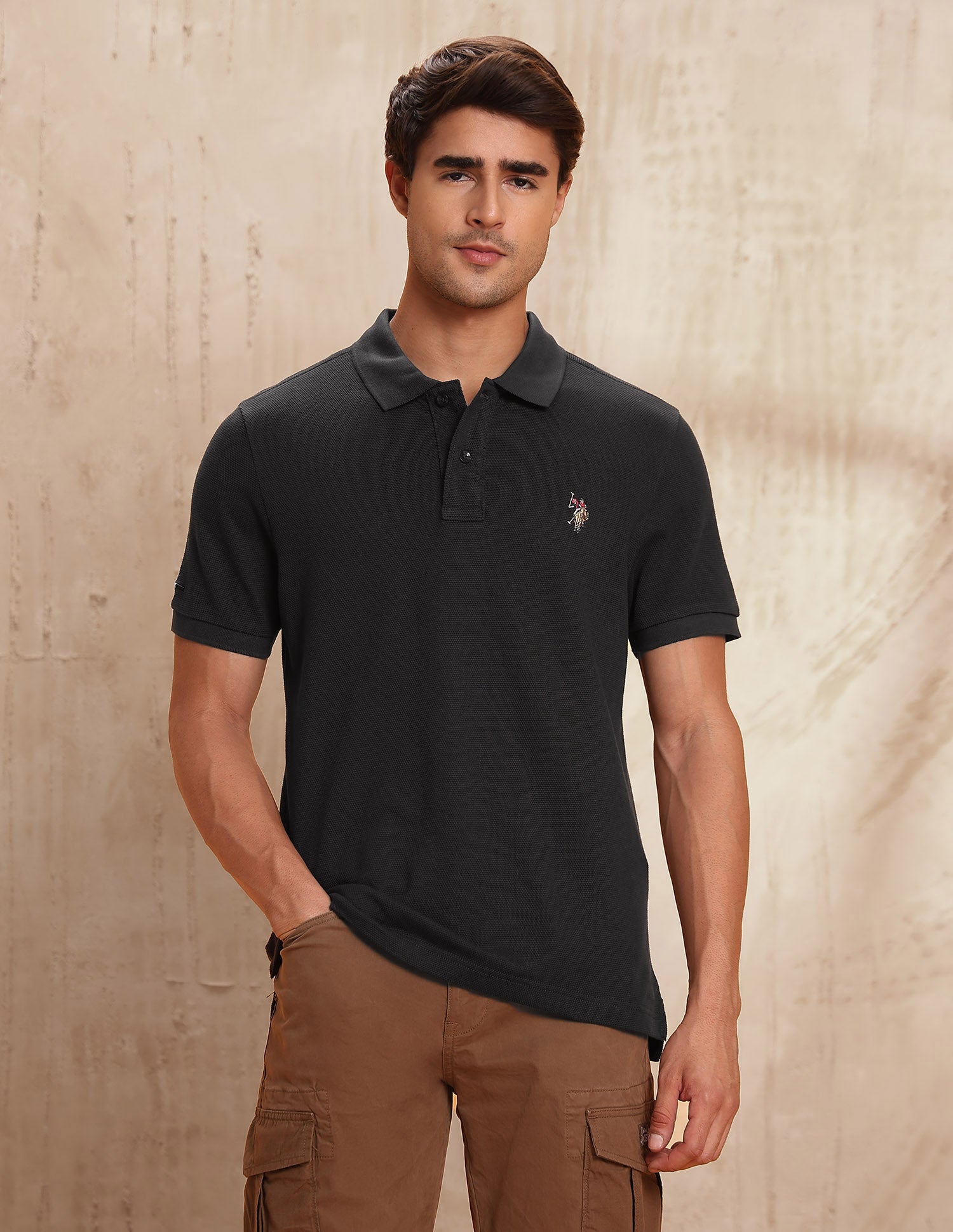 Pure Cotton Textured Polo Shirt Dark Grey - U.S. POLO ASSN. | Large