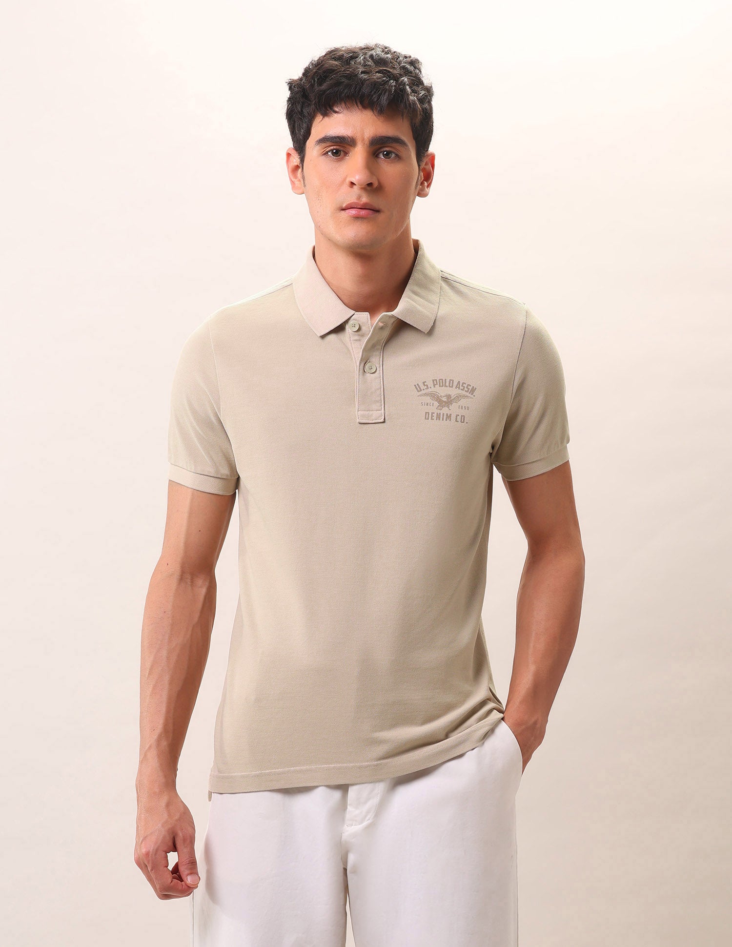 Brand Printed Pure Cotton Polo Shirt Stone - U.S. Polo Assn. India | Large