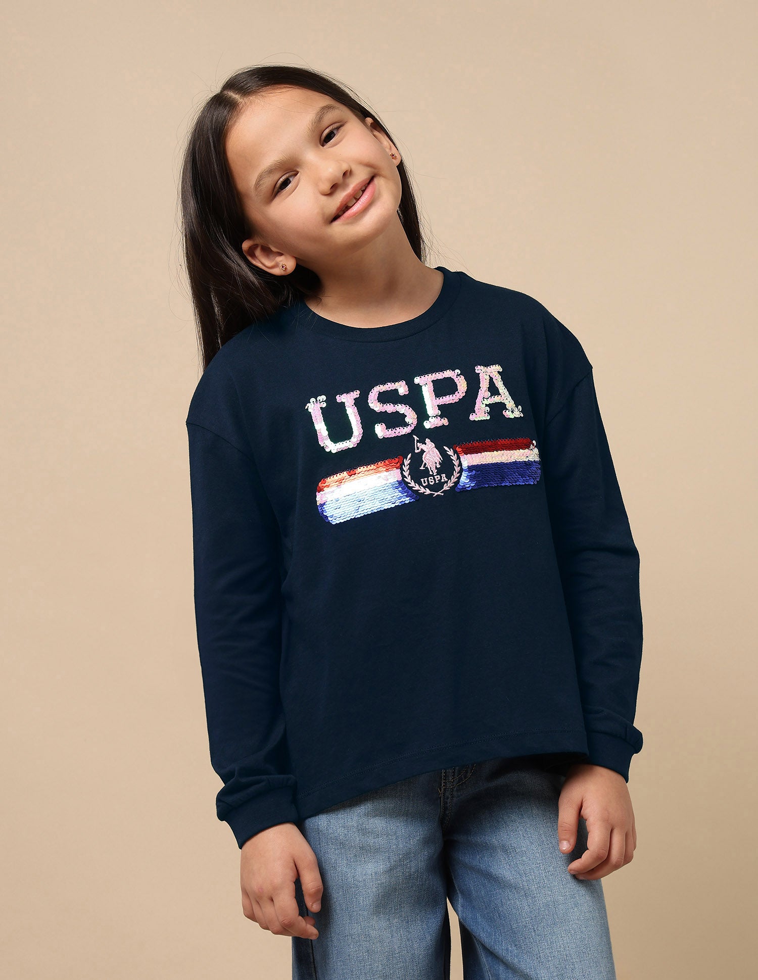 Girls Flip Sequin Cotton T-Shirt Navy - U.S. Polo Assn. India | Large
