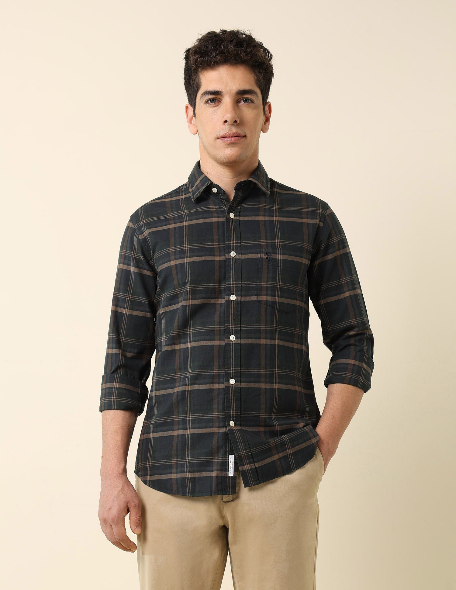 Grid Tattersall Checked Tailored Fit Shirt Ivory - U.S. POLO ASSN. | Large