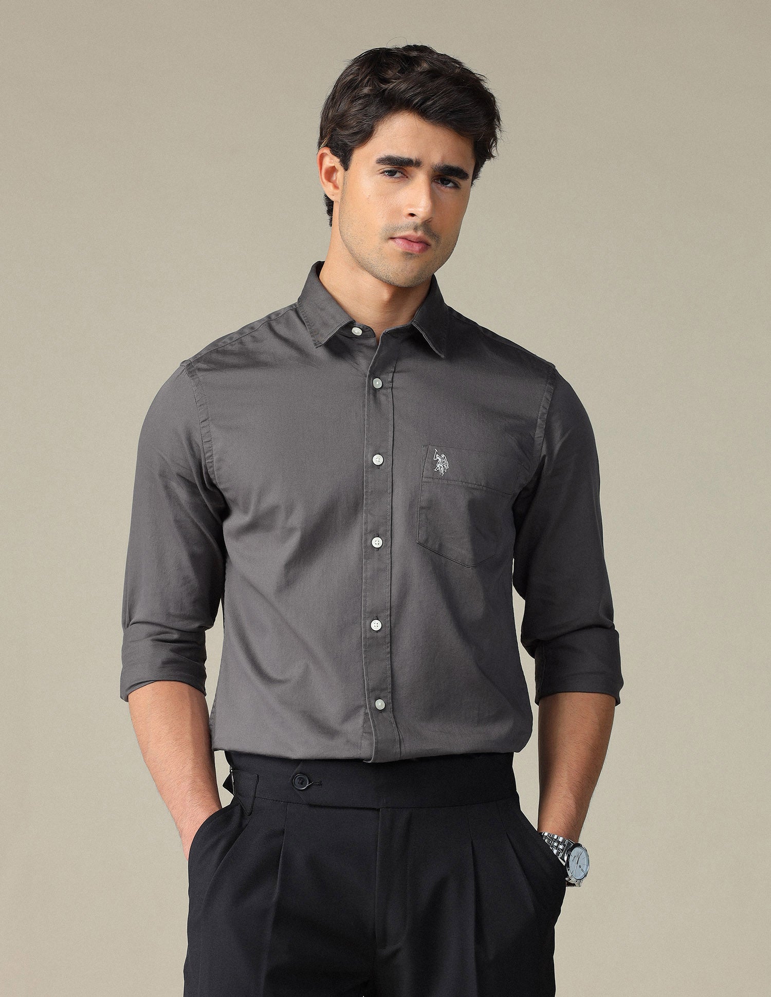 Pure Cotton Tailored Fit Shirt Charcoal - U.S. POLO ASSN. | Large