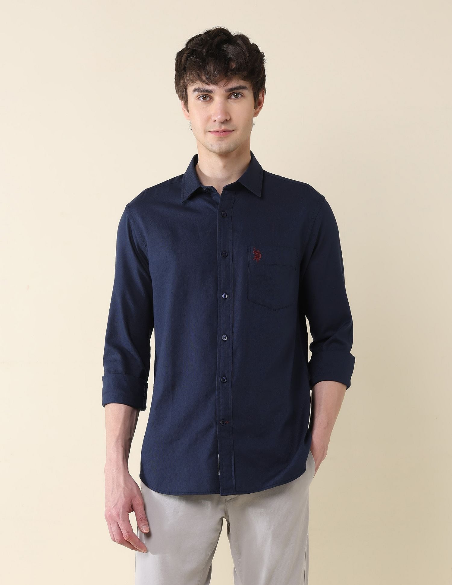 Solid Birds Eye Dobby Shirt Navy - U.S. Polo Assn. India | Large