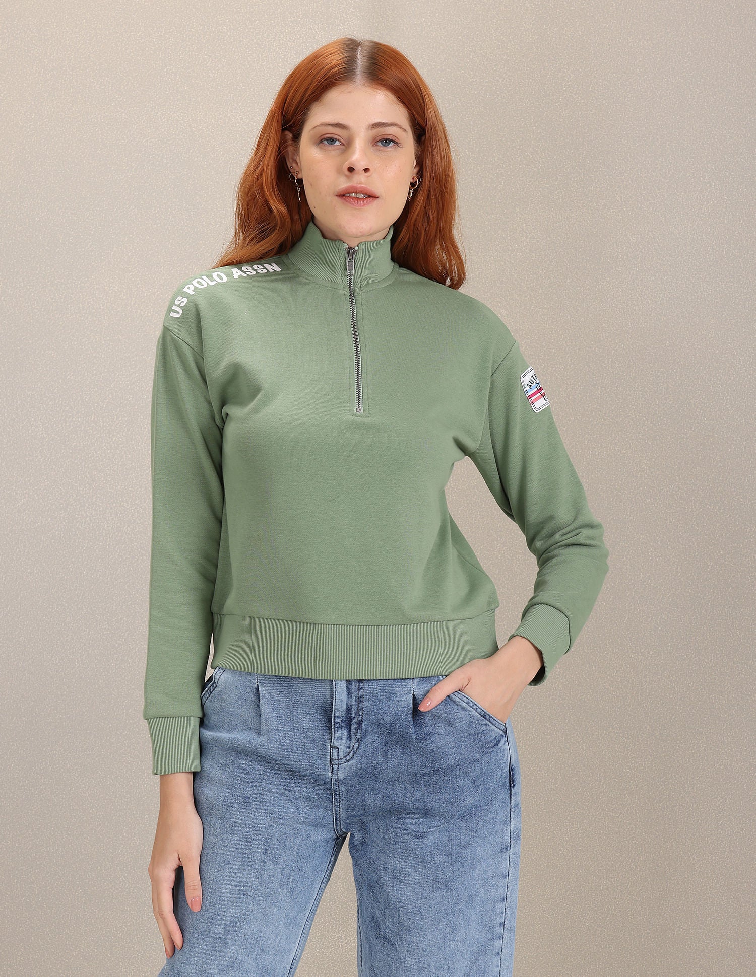 High Neck Solid Sweatshirt Sage Green - U.S. Polo Assn. India | Large