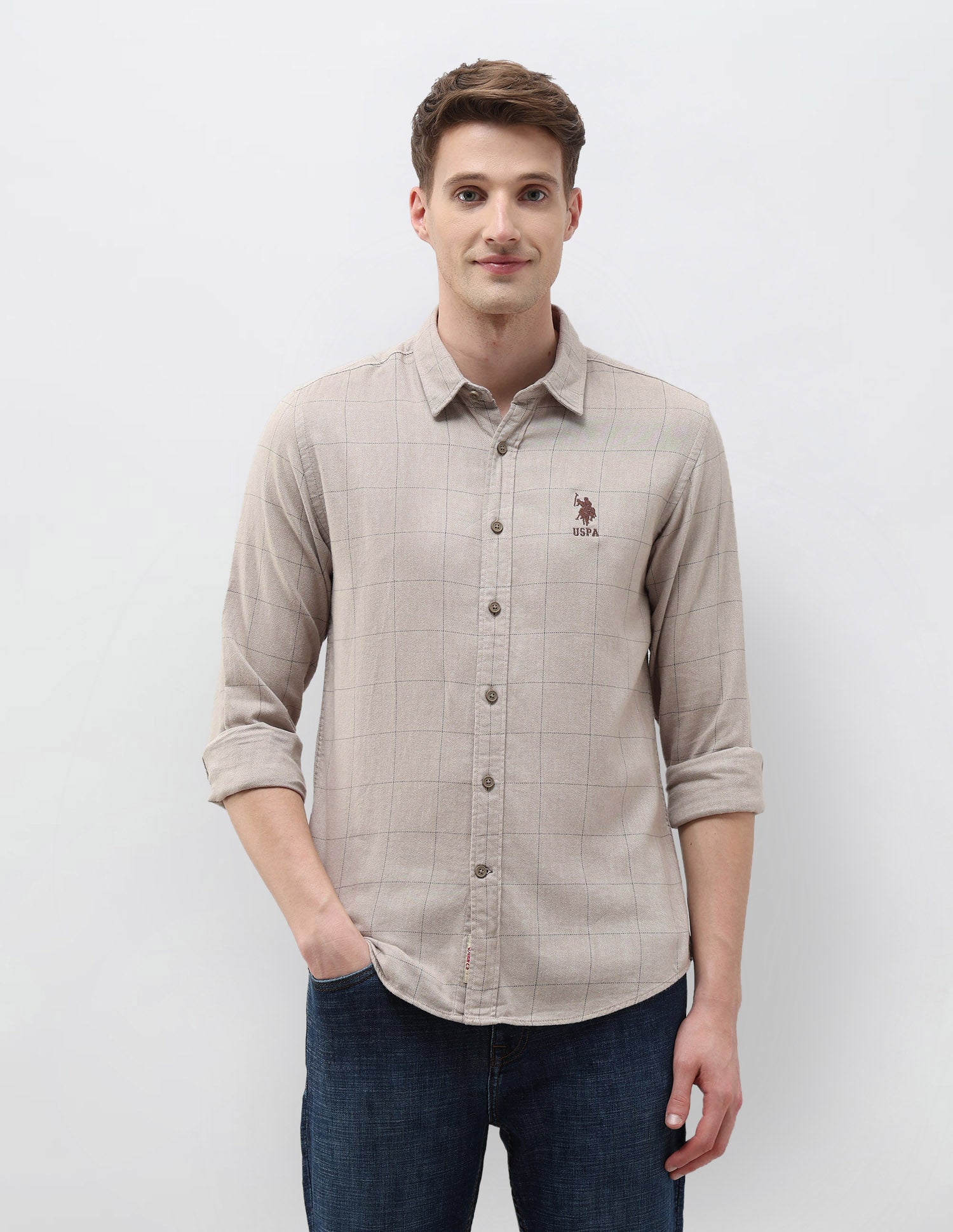 Regular Fit Windowpane Checked Shirt Light Khaki - U.S. Polo Assn. India | Large