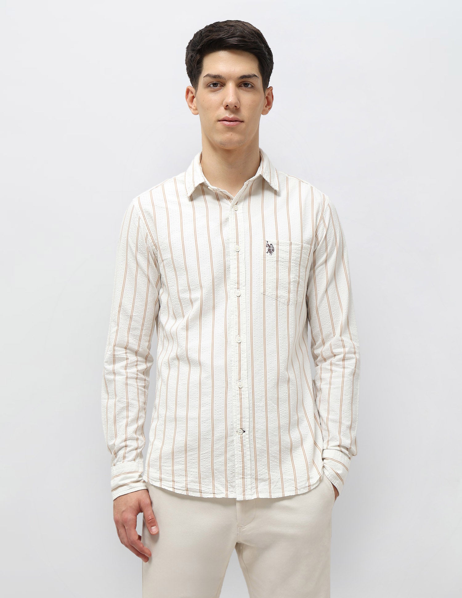 Vertical Striped Seersucker Shirt Off-White - U.S. Polo Assn. India | Large