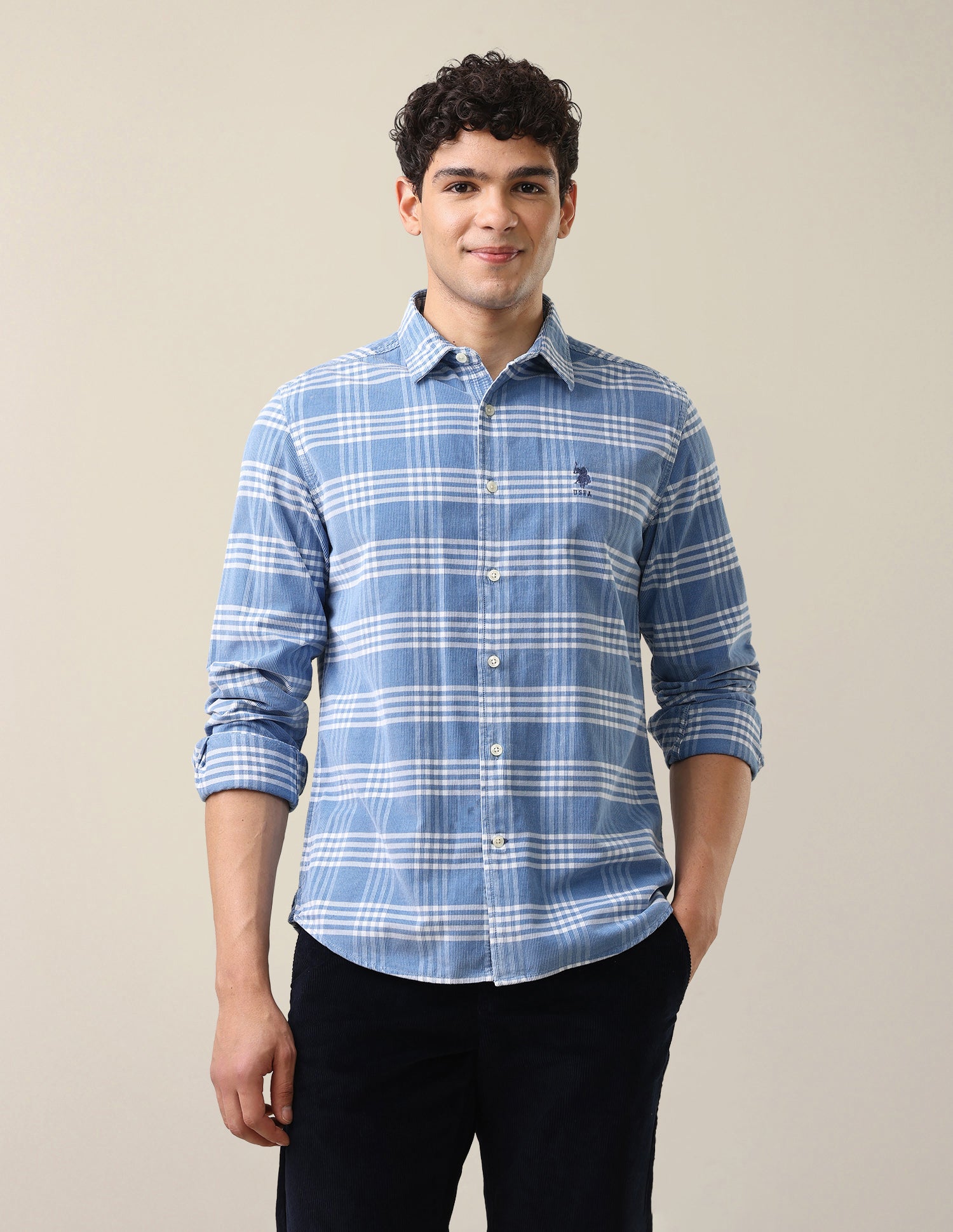 Grid Tattersall Checked Corduroy Shirt Light Indigo - U.S. Polo Assn. India | Large