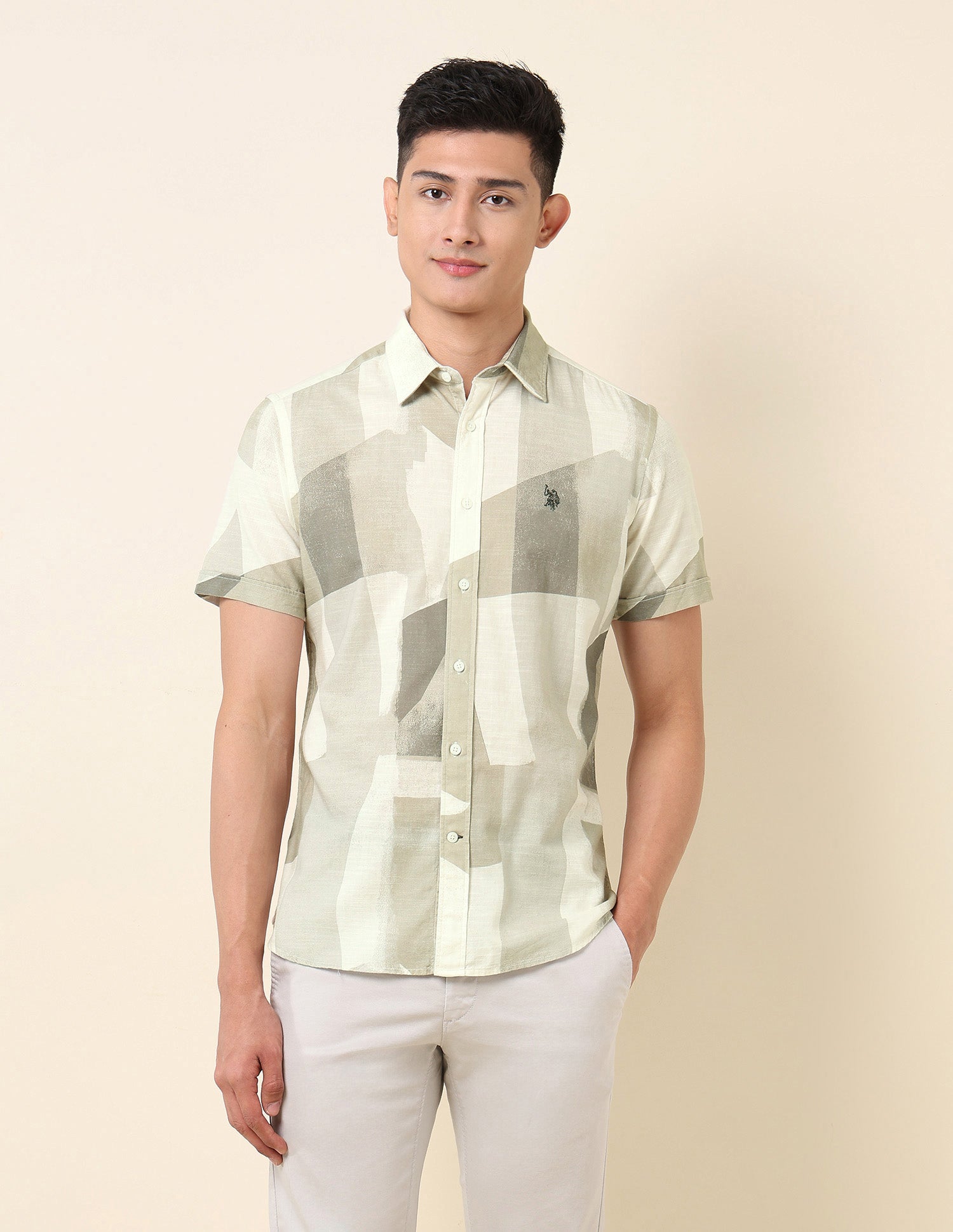 Abstract Printed Pure Cotton Shirt Olive - U.S. POLO ASSN. | Large