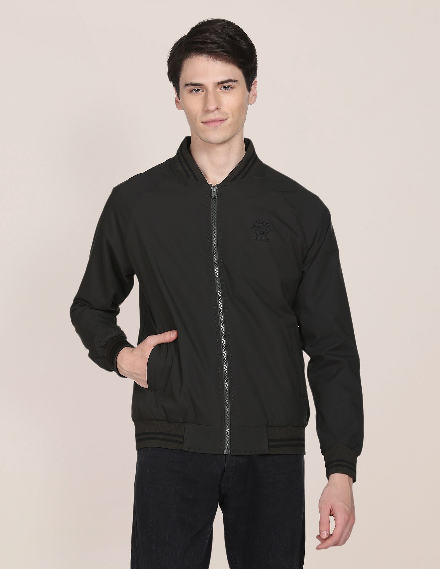 Striped Hem Solid Bomber Jacket Dark Green - U.S. POLO ASSN. | Large