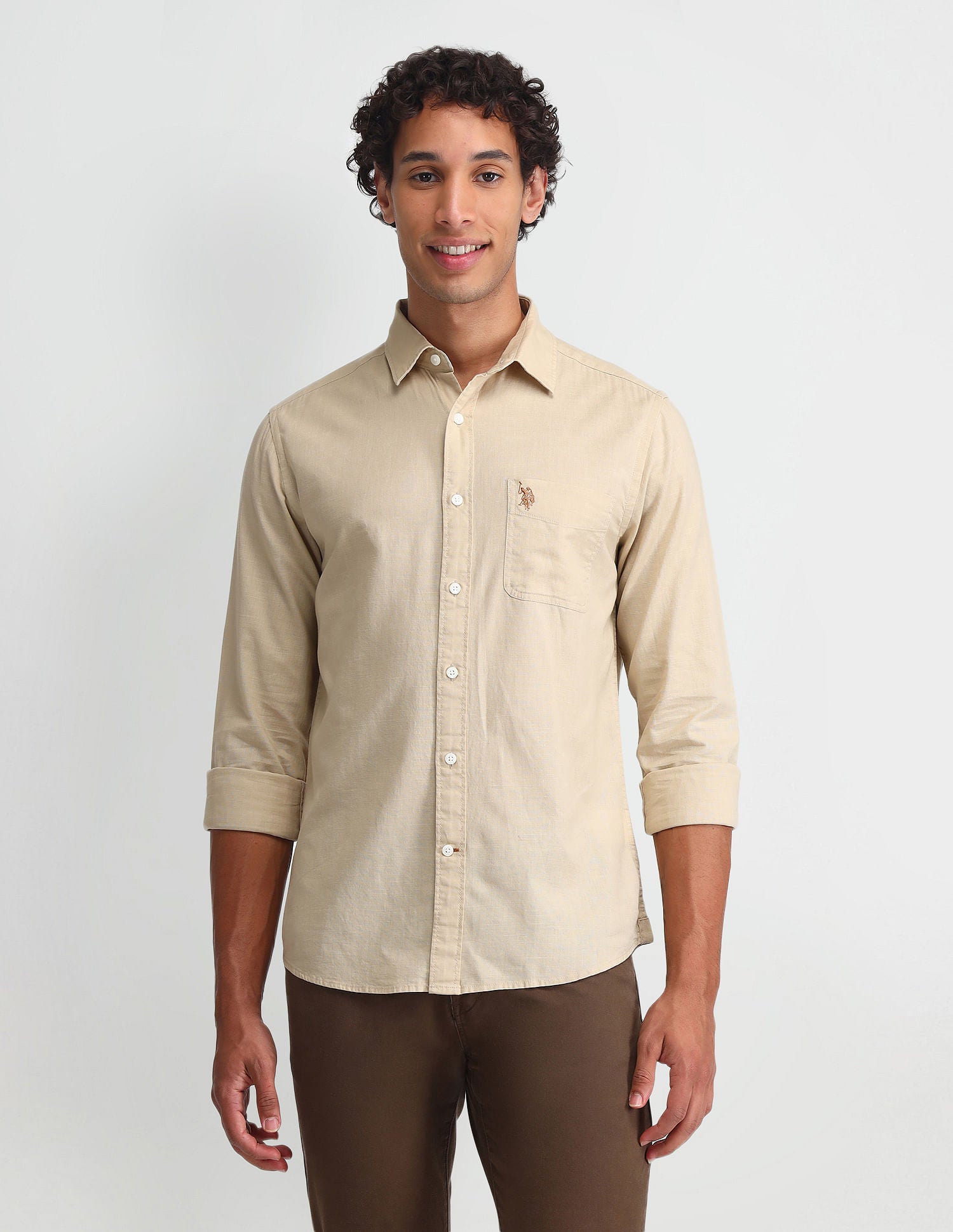 Slim Fit Solid Twill Shirt Khaki - U.S. Polo Assn. India | Large