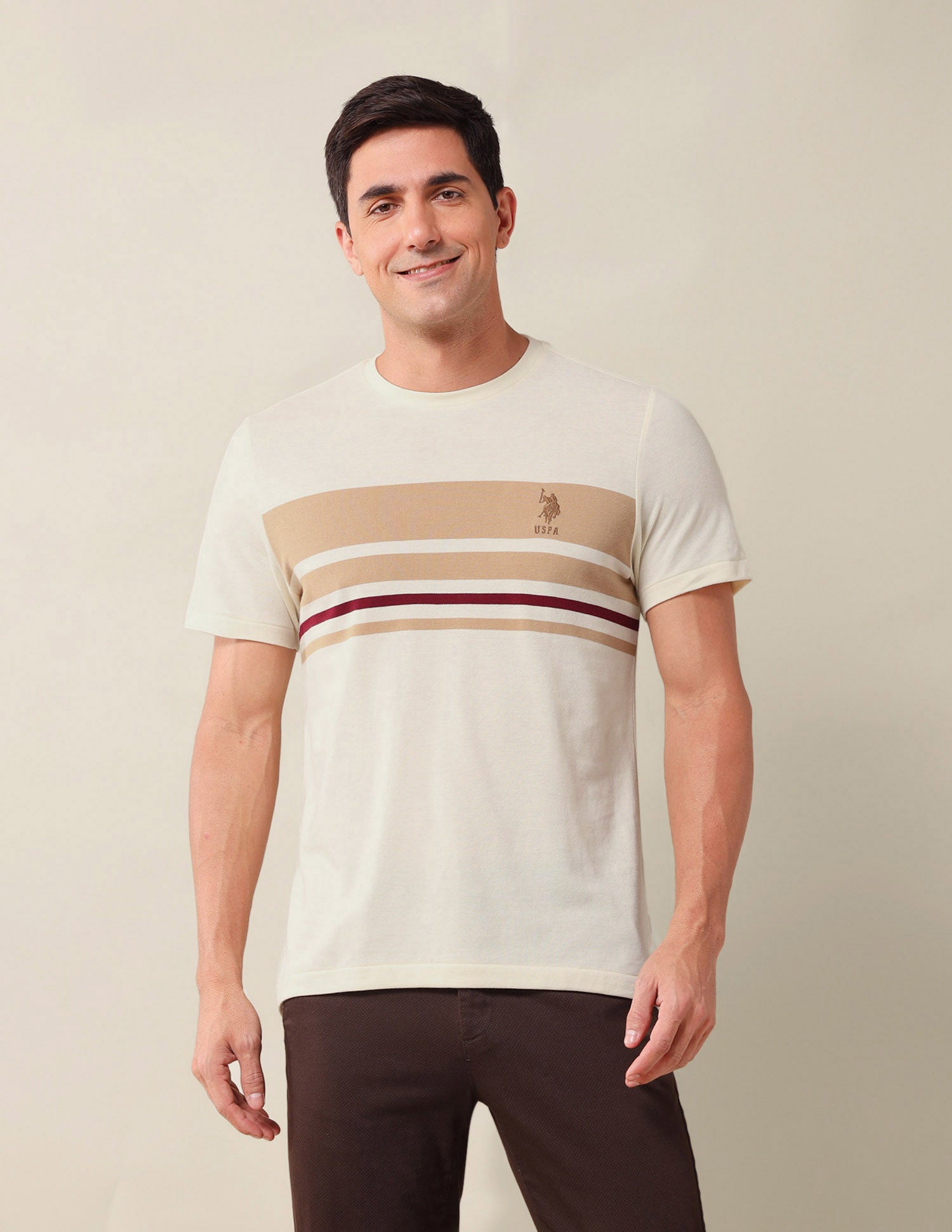 Horizontal Striped Slim Fit T-Shirt Beige - U.S. Polo Assn. India | Large
