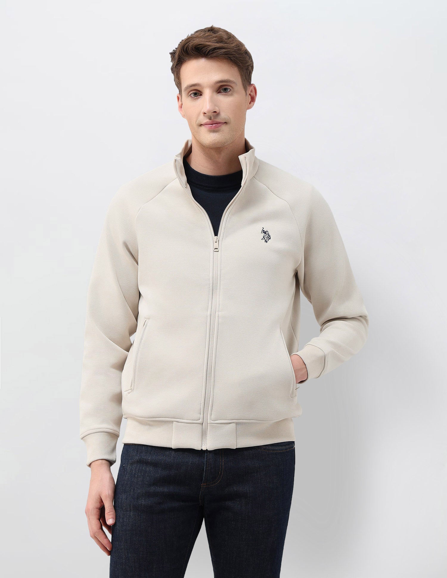 Textured Zipper Sweatshirt Beige - U.S. POLO ASSN. | Large