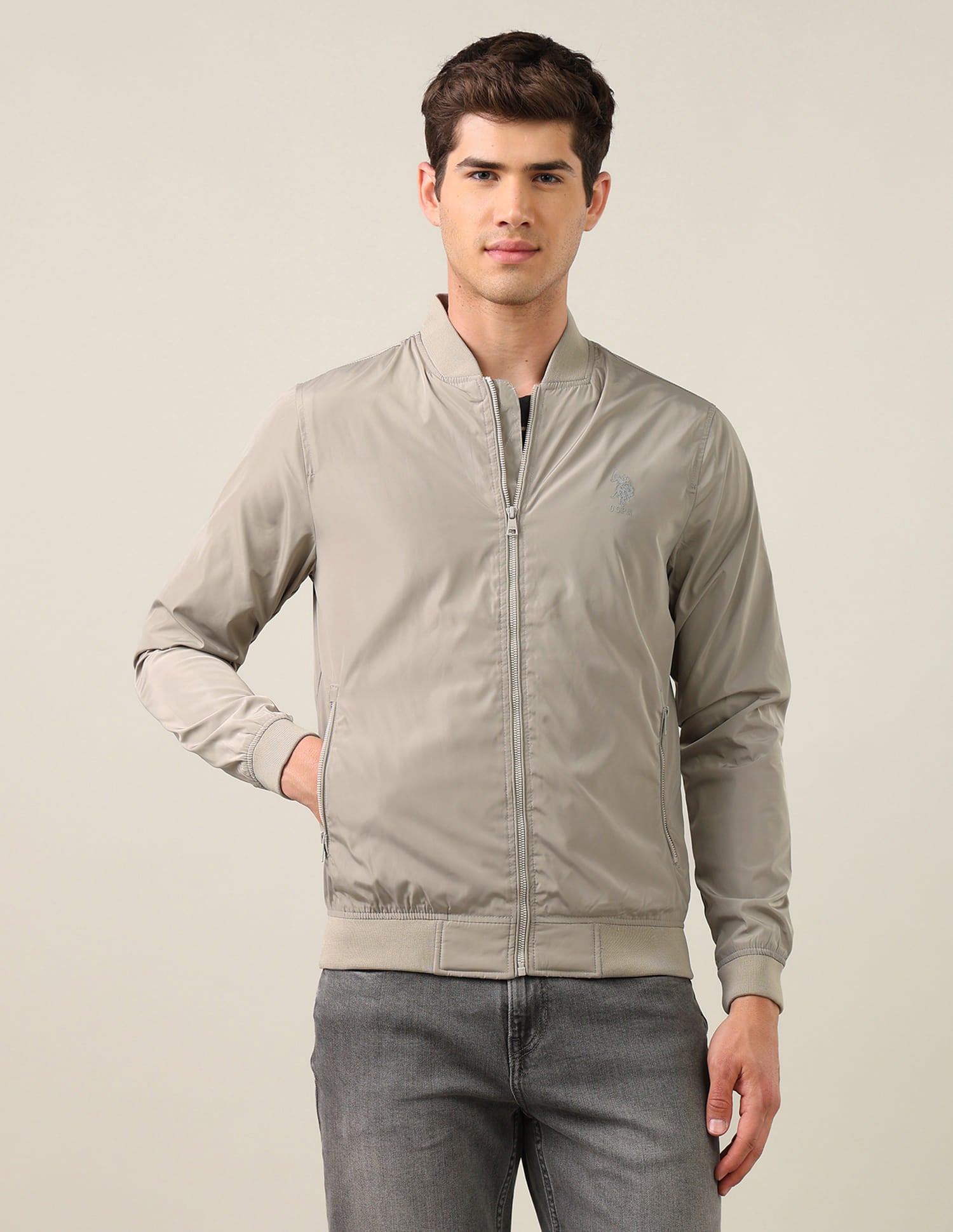 Solid Stand Collar Bomber Jacket Stone - U.S. Polo Assn. India | Large