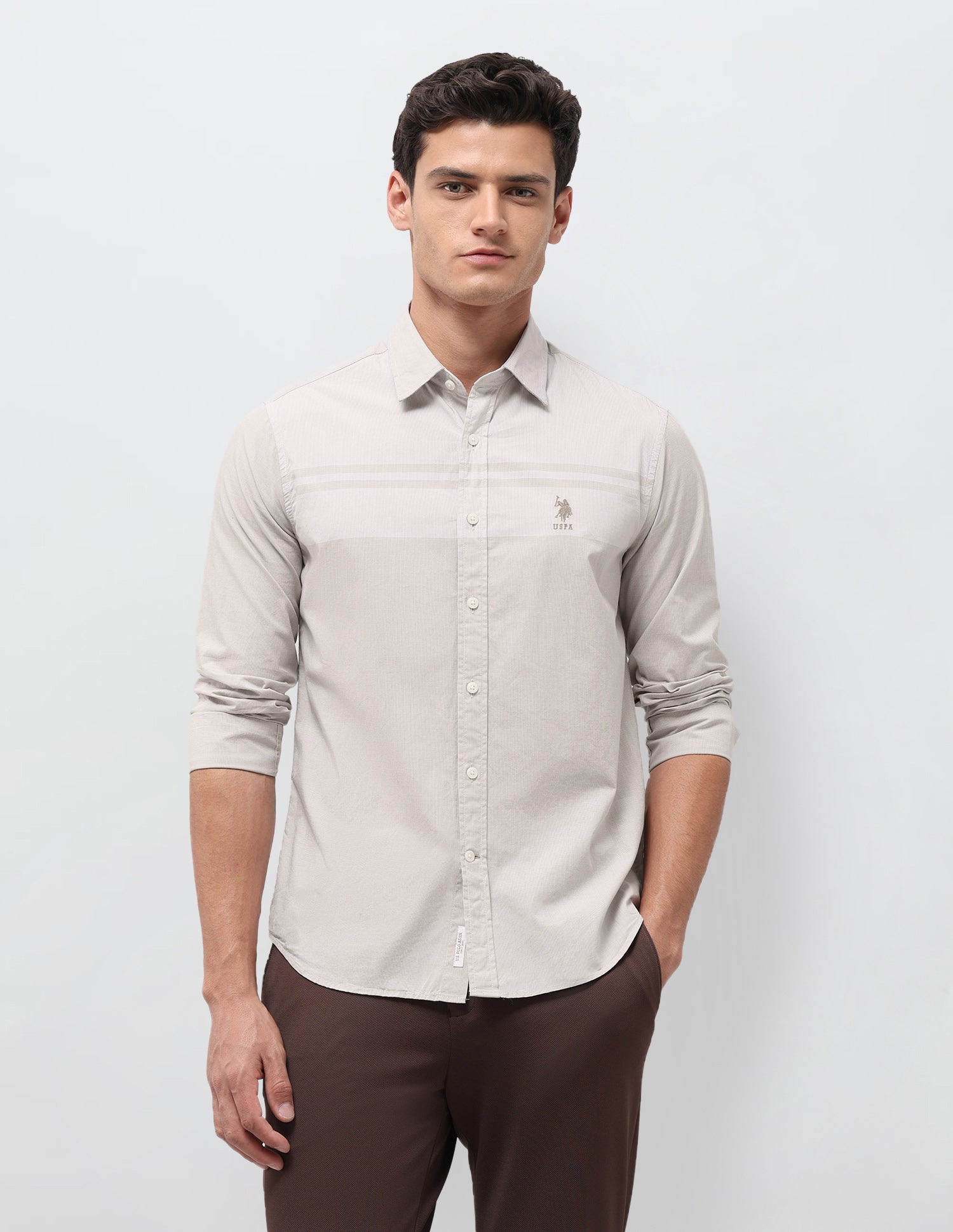 Solid With Stripe Detail Regular Fit Shirt Beige - U.S. Polo Assn. India | Large