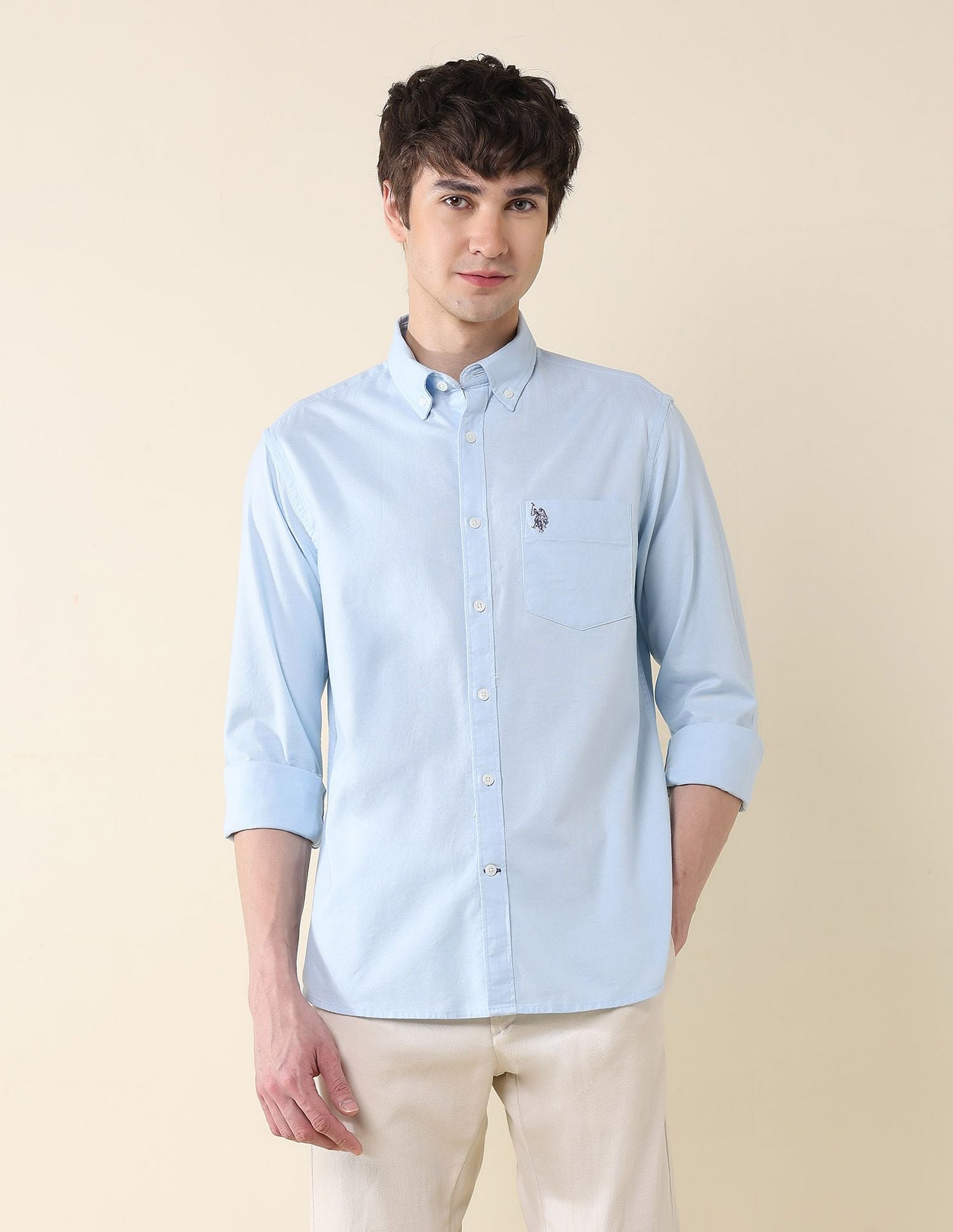 Solid Oxford Stretch Button Down Shirt Blue - U.S. Polo Assn. India | Large