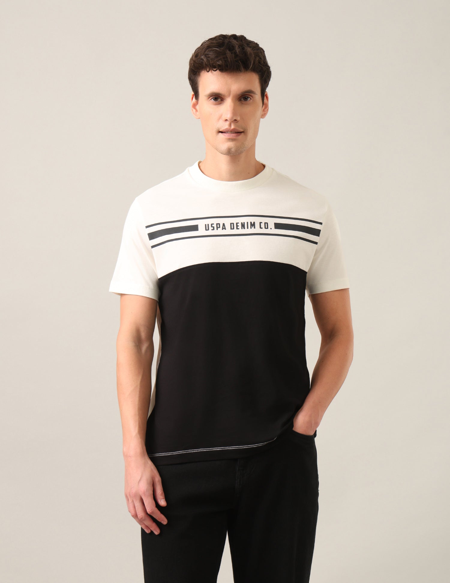 Colourblocked Regular Fit T-Shirt Ivory - U.S. Polo Assn. India | Large