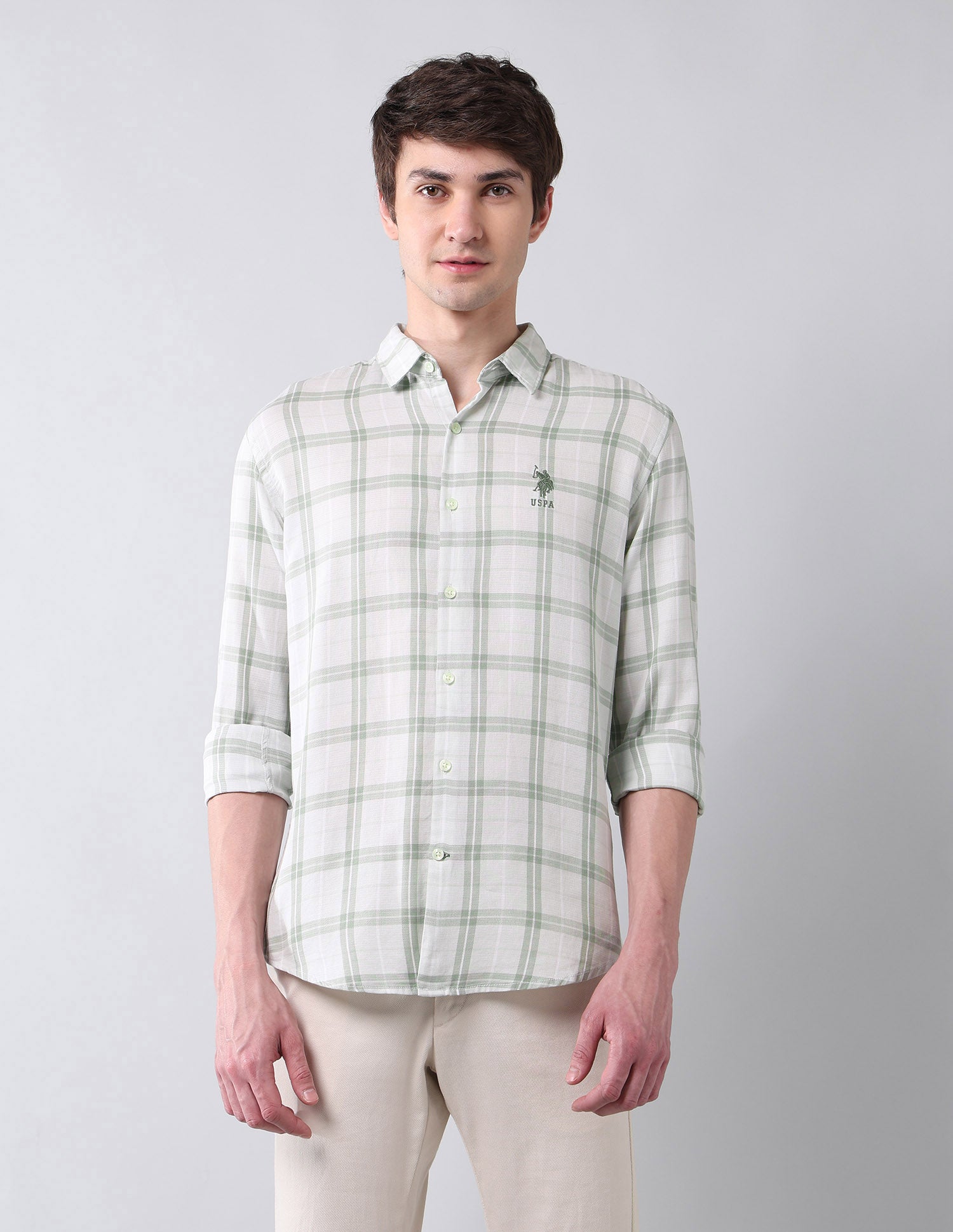 Grid Tattersall Checked Regular Fit Shirt Light Green - U.S. Polo Assn. India | Large