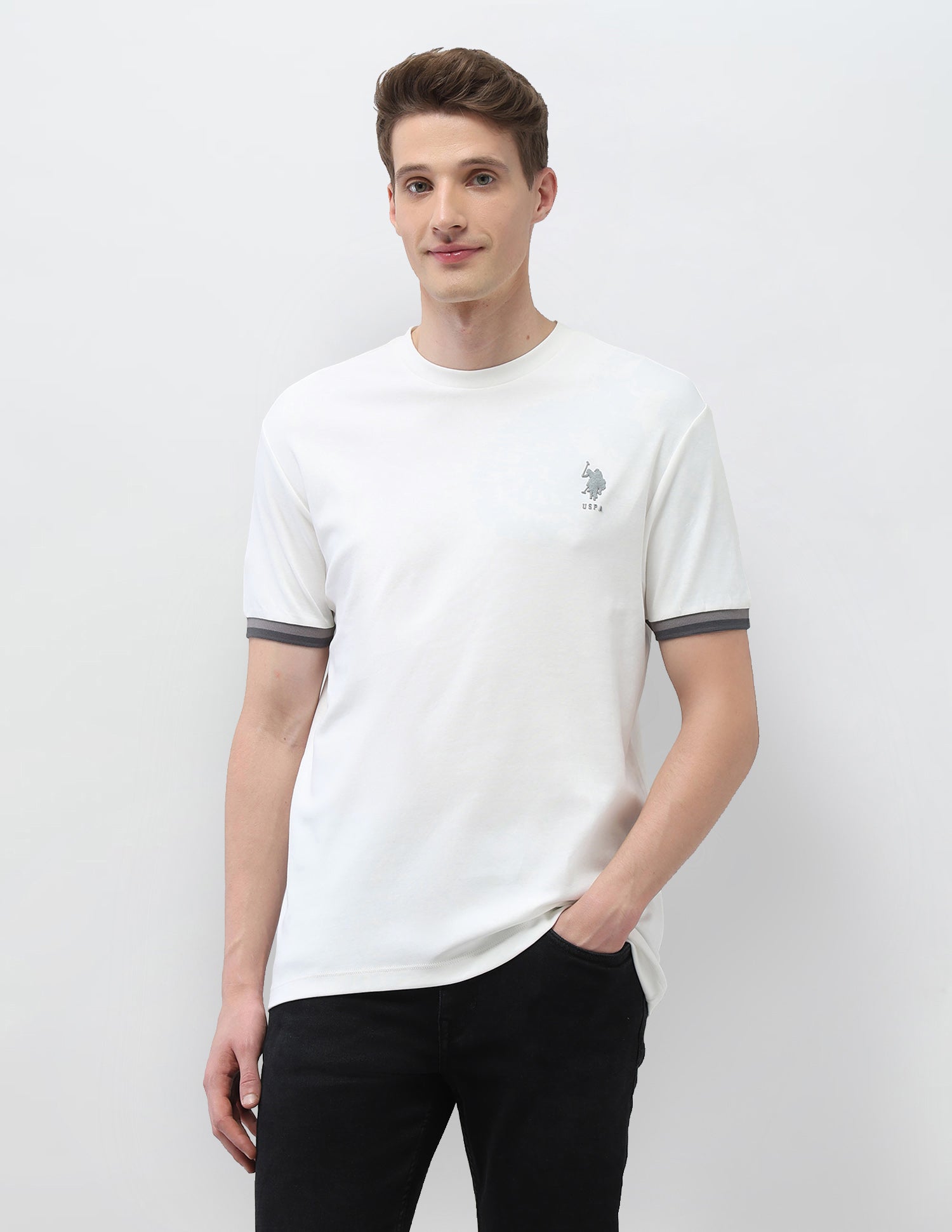 Solid Slim Fit Black & Gold T-Shirt Ivory - U.S. Polo Assn. India | Large