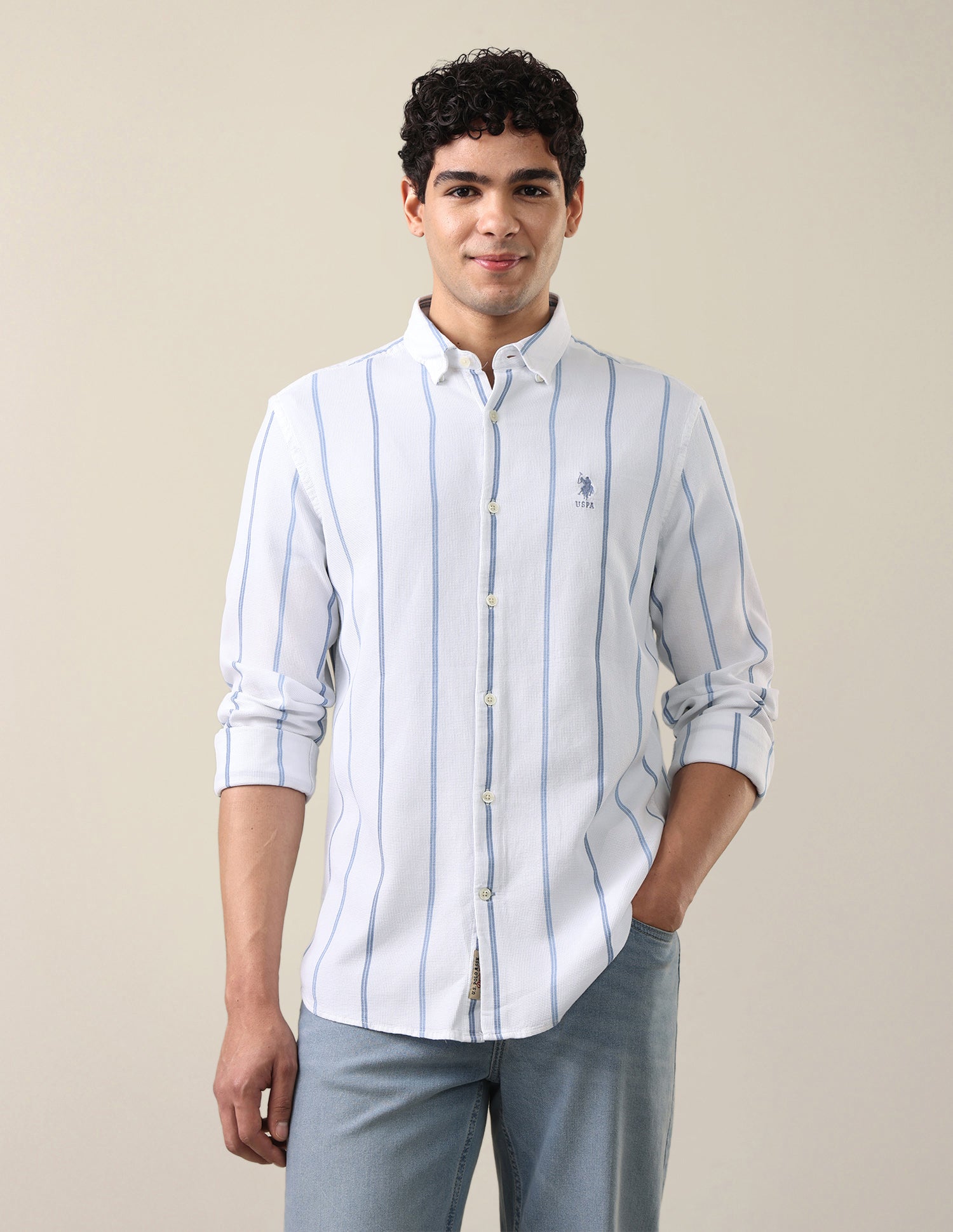 Self Design Vertical Striped Regular Fit Shirt Light Indigo - U.S. Polo Assn. India | Large