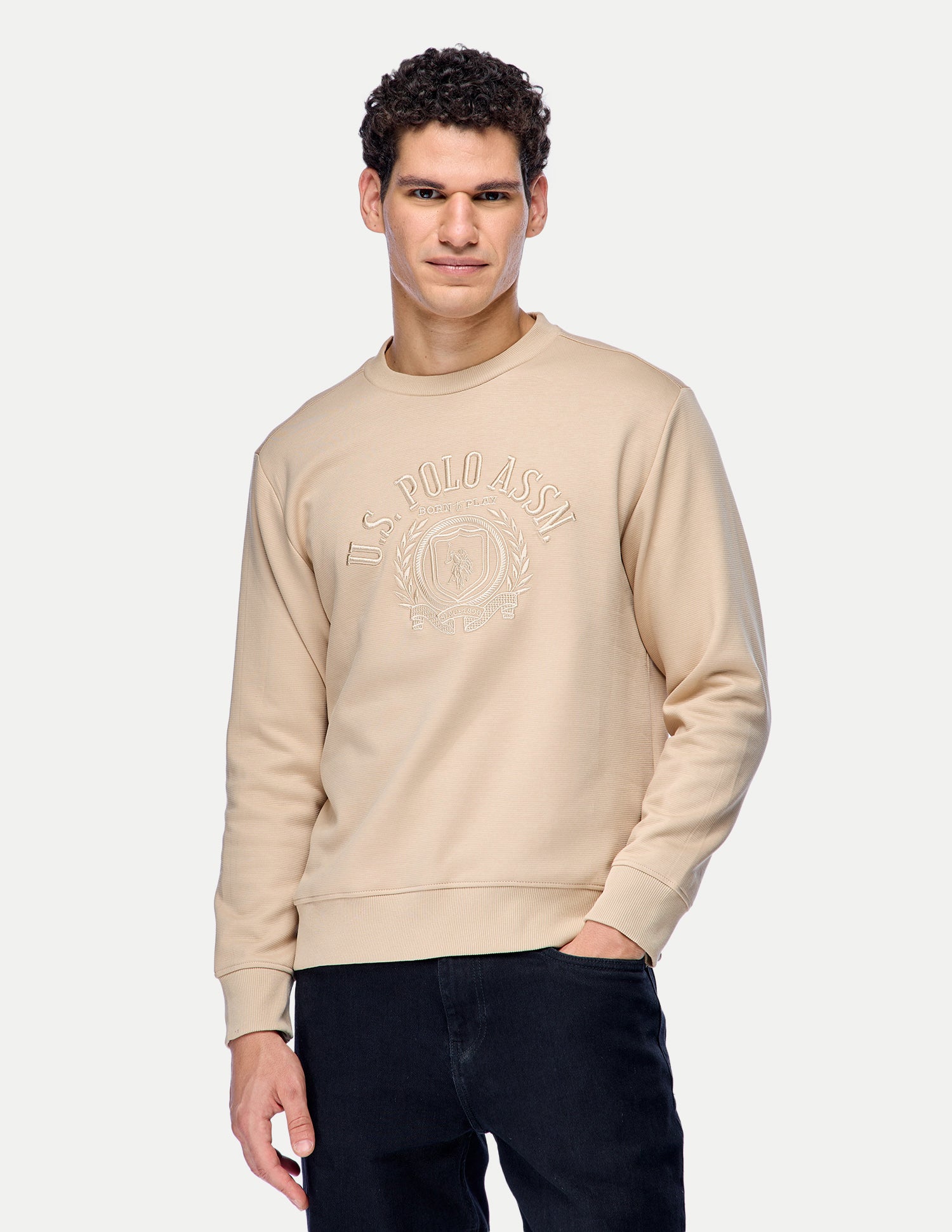 Brand Embroidered Slim Fit Sweatshirt Beige - U.S. Polo Assn. India | Large