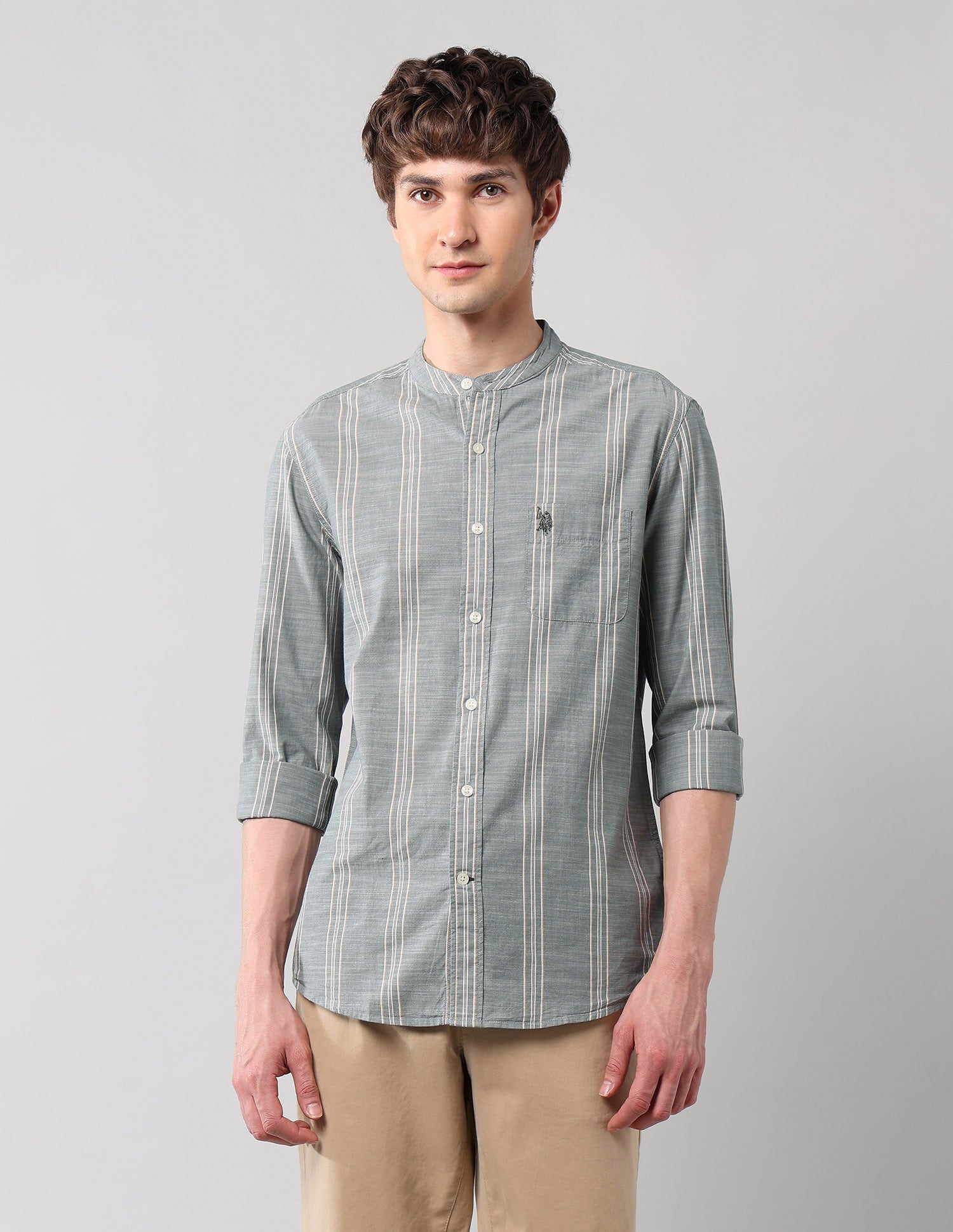 Pure Cotton Regular Fit Mandarin Shirt Green - U.S. Polo Assn. India | Large