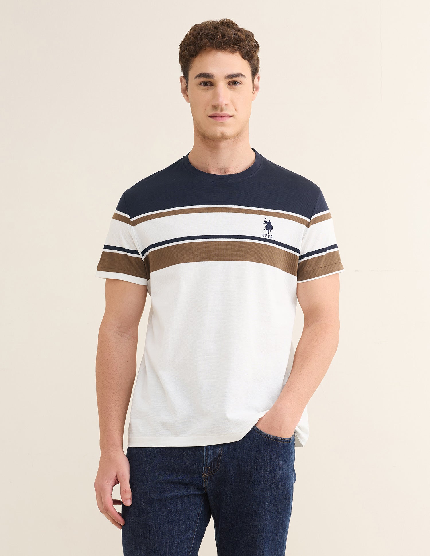 Horizontal Striped Slim Fit T-Shirt Off White - U.S. Polo Assn. India | Large