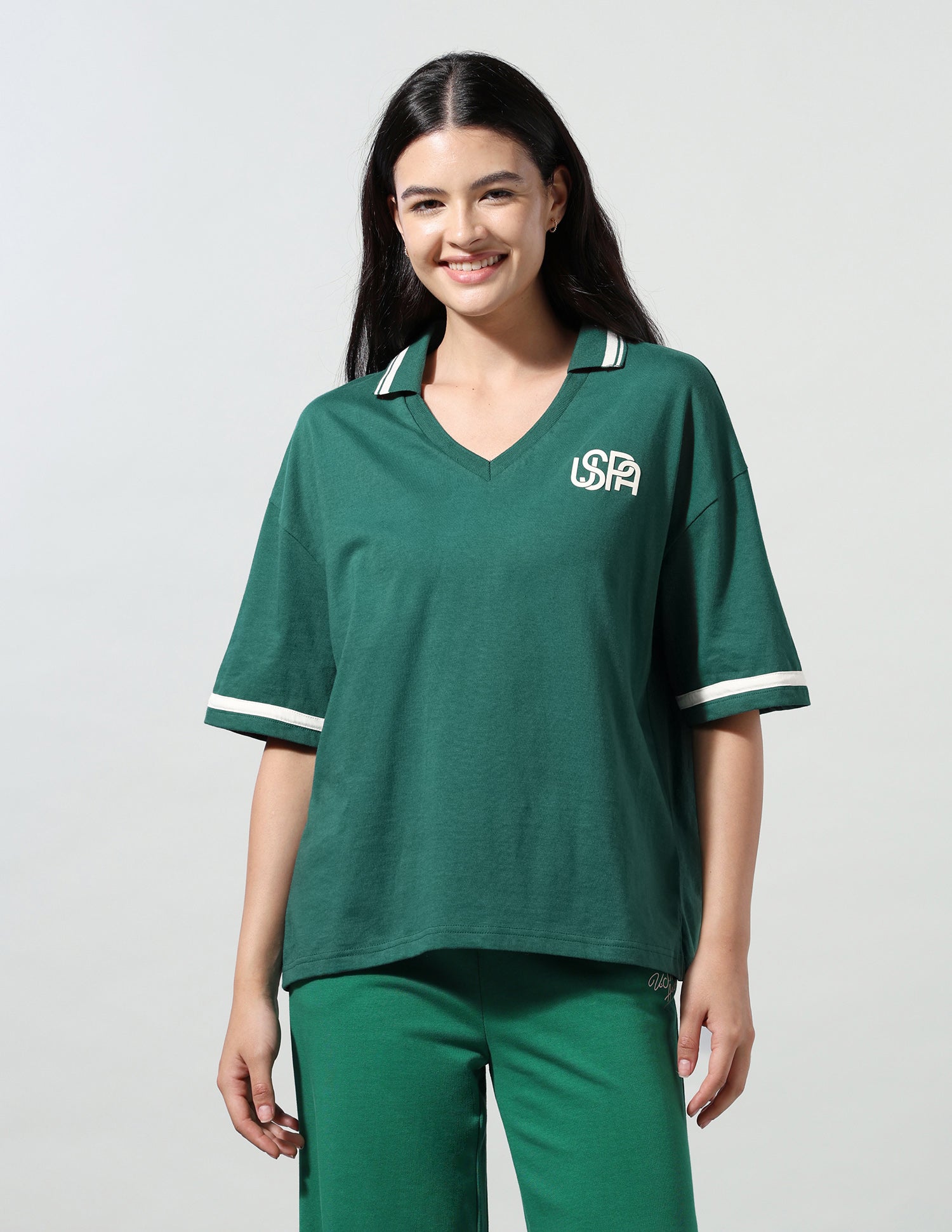 Solid Boxy Fit Polo Shirt Dark Green - U.S. Polo Assn. India | Large