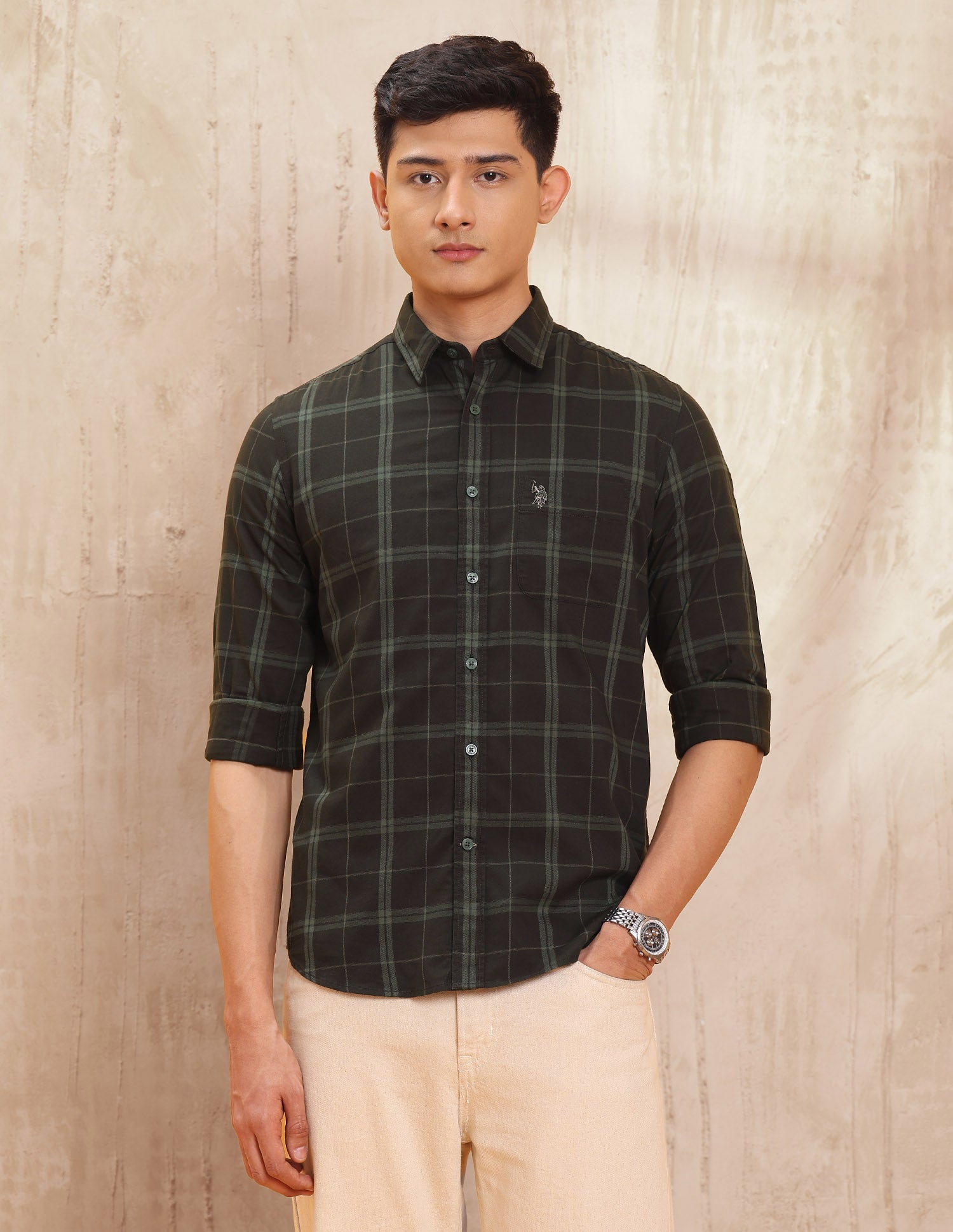 Grid Tattersall Checked Pure Cotton Shirt Dark Olive - U.S. POLO ASSN. | Large