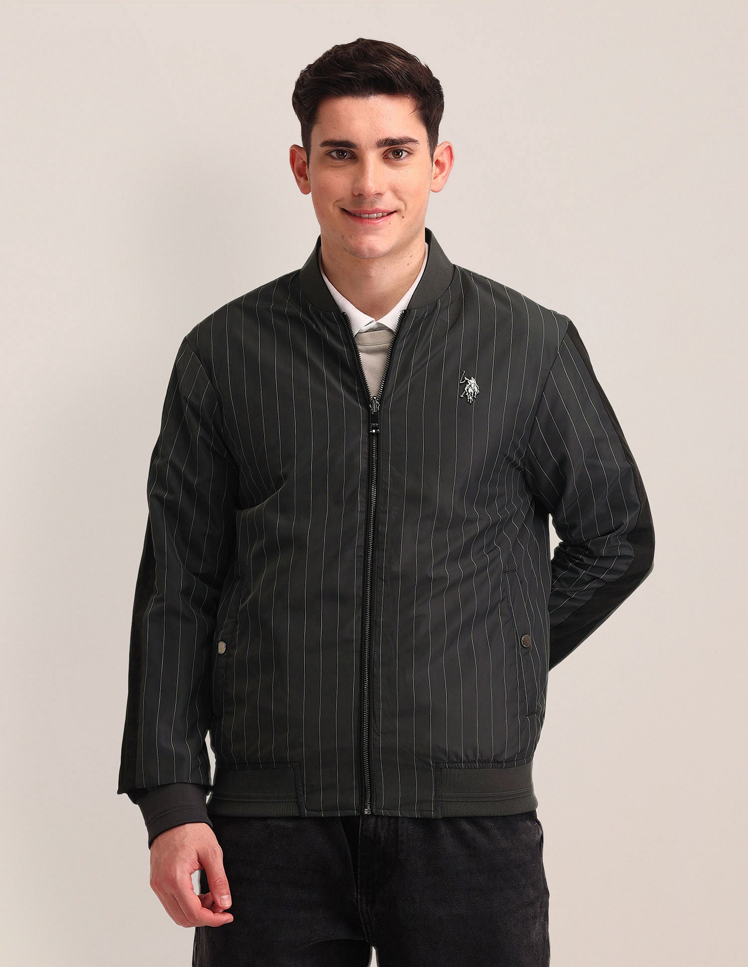 Regular Fit Striped Bomber Jacket Grey - U.S. Polo Assn. India | Large