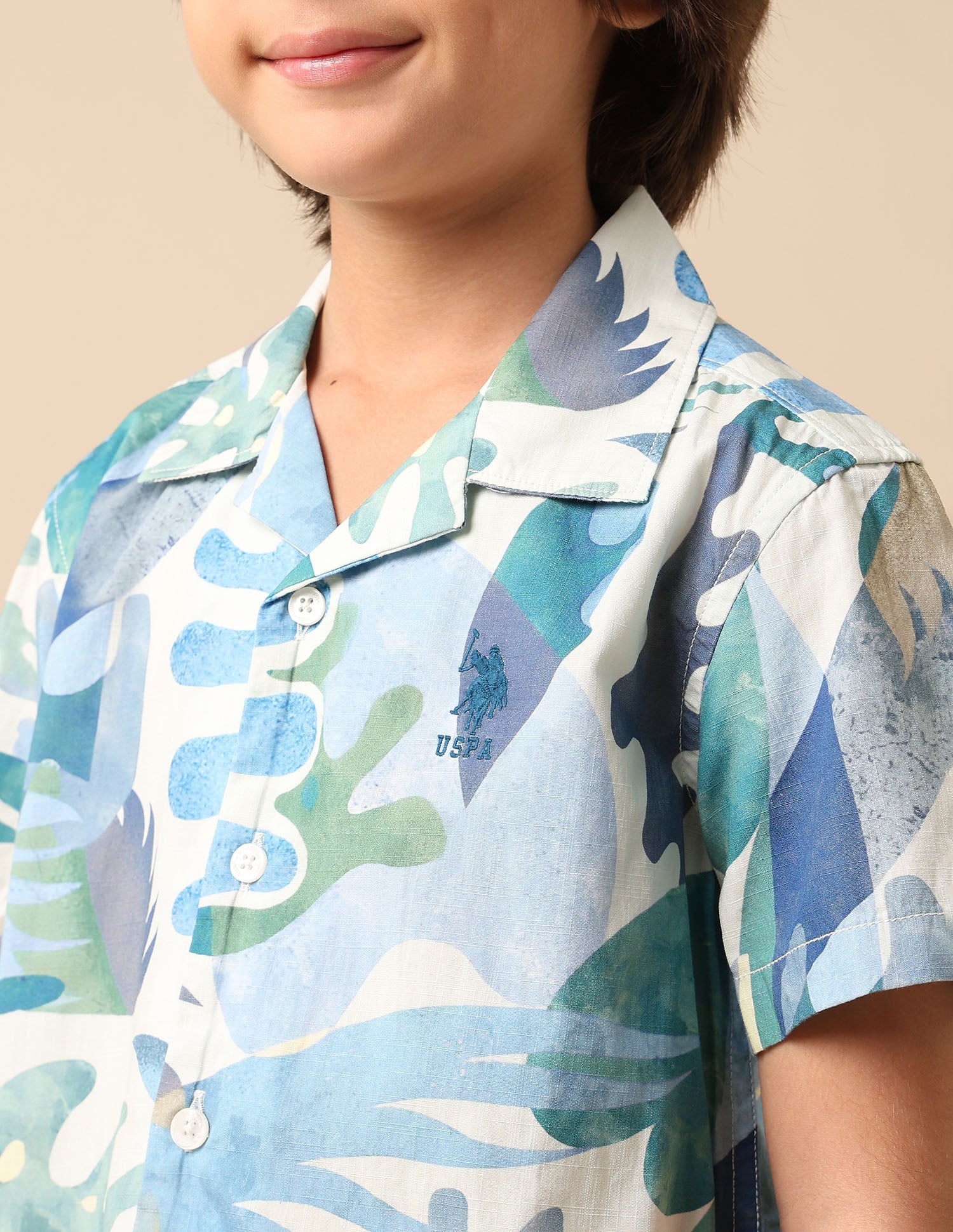 Boys Tropical Printed Pure Cotton Shirt Blue - U.S. POLO ASSN. | Large