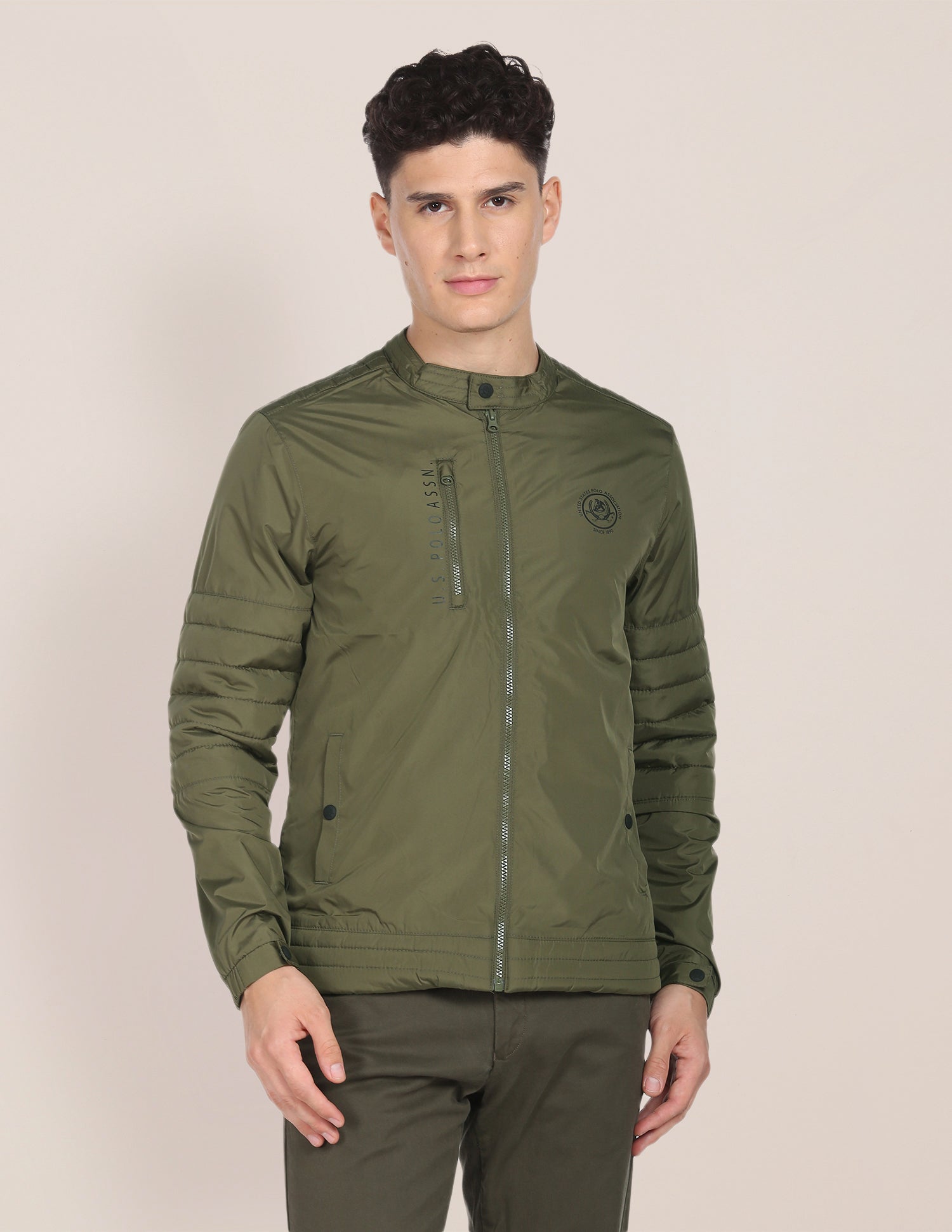 Stand Collar Windcheater Jacket Olive - U.S. Polo Assn. India | Large