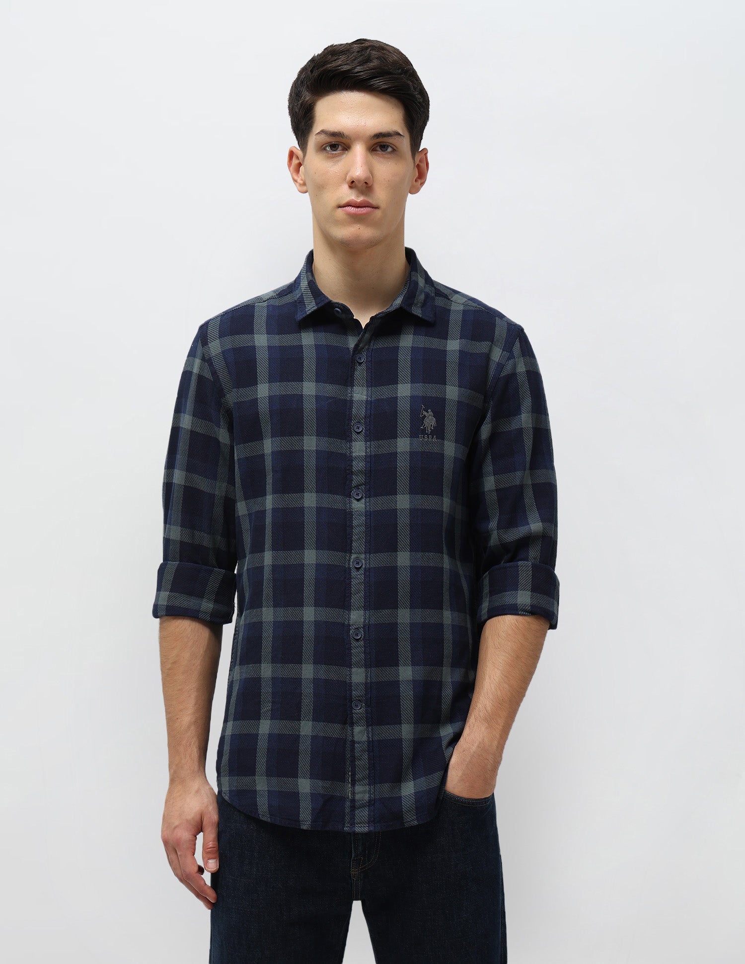 Tartan Checked Twill Shirt Dark Indigo - U.S. POLO ASSN. | Large