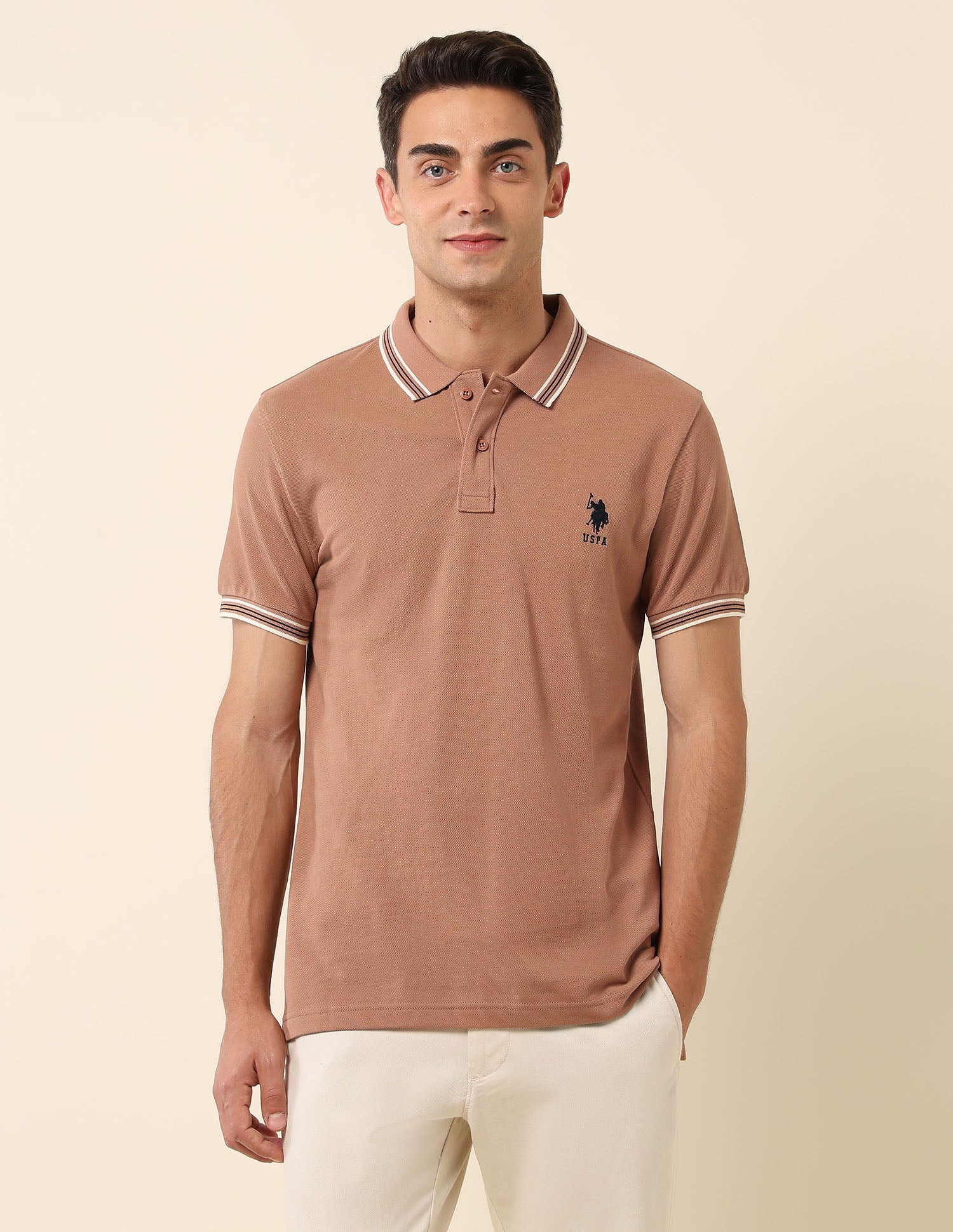 Slim Fit Solid Polo Shirt Beige - U.S. Polo Assn. India | Large